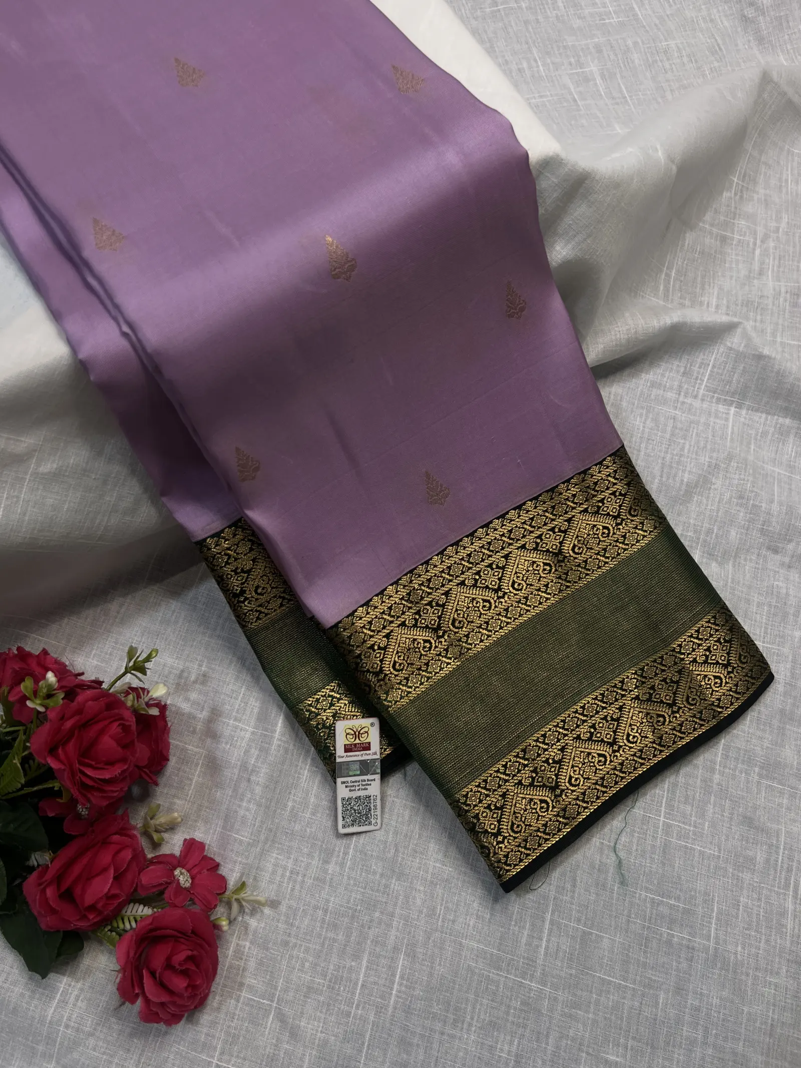 Lilac Pink Saree with Gold Motifs and Olive Green Border