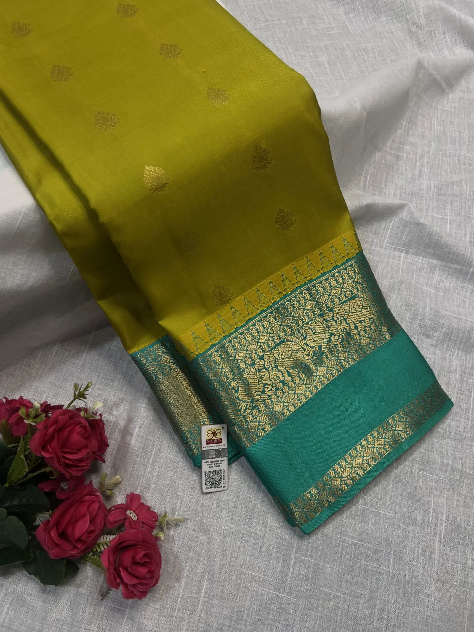 Mustard Saree with Teal Border and Gold Motifs