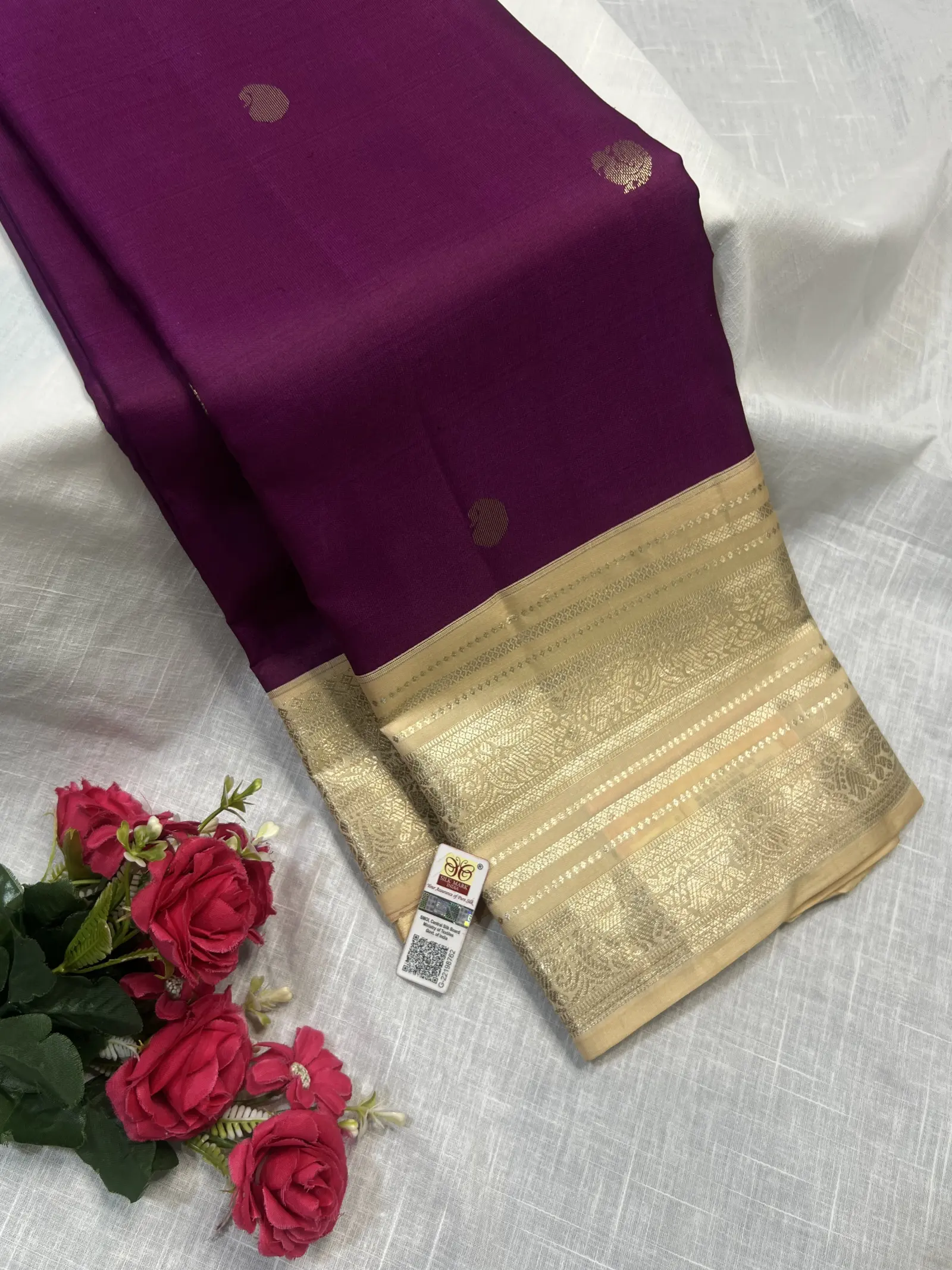 Purple Saree with Gold Motifs and Pale Gold Pallu