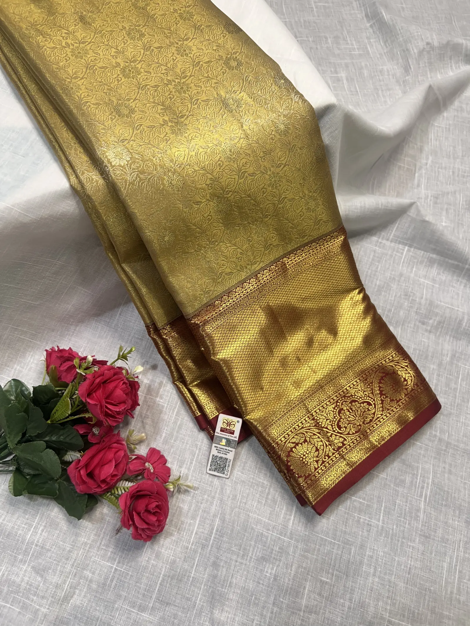 Gold Floral Saree with Ornate Border and Maroon Edge