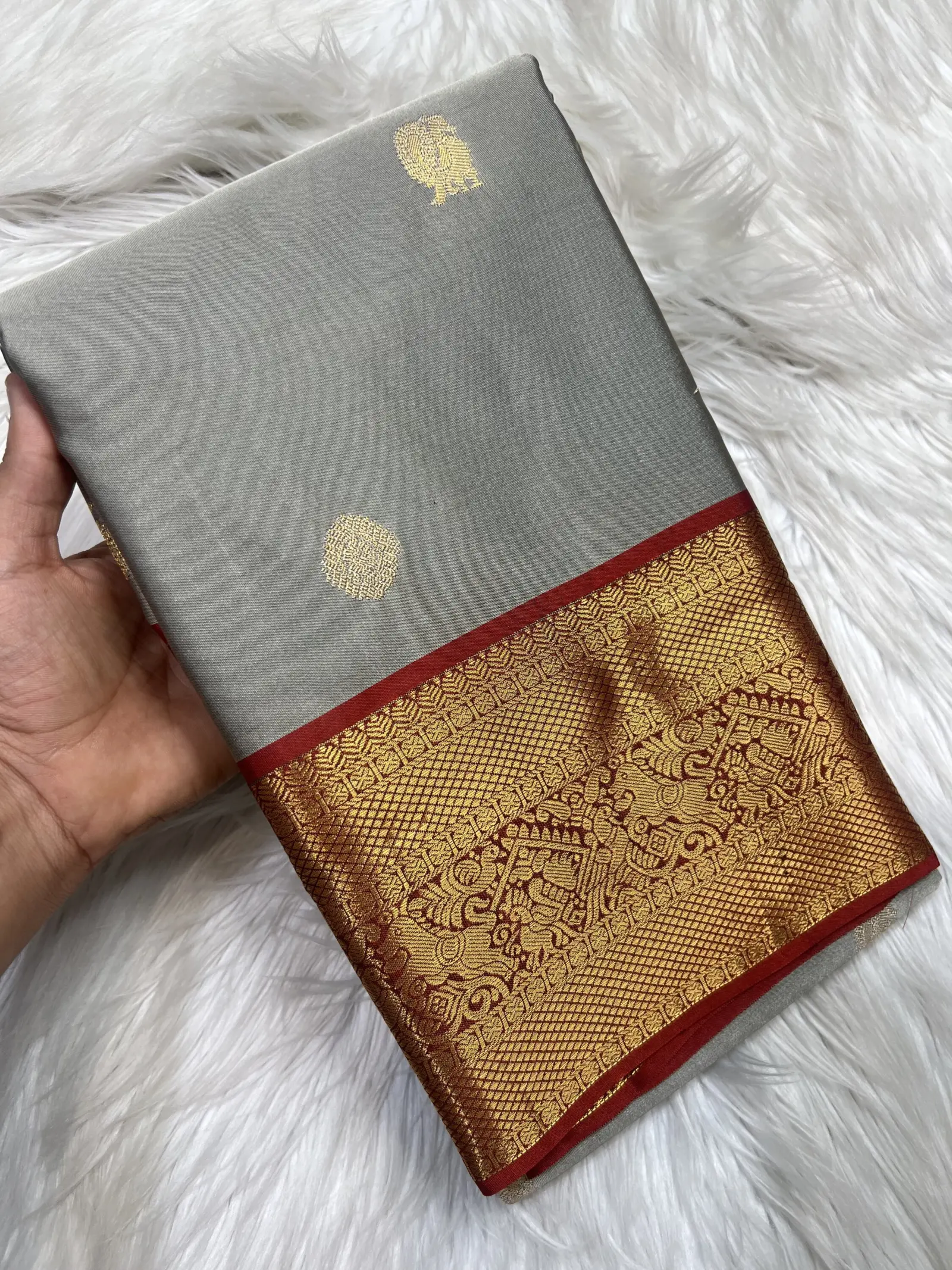 Black Semi Kanchi Saree with red and gold Border