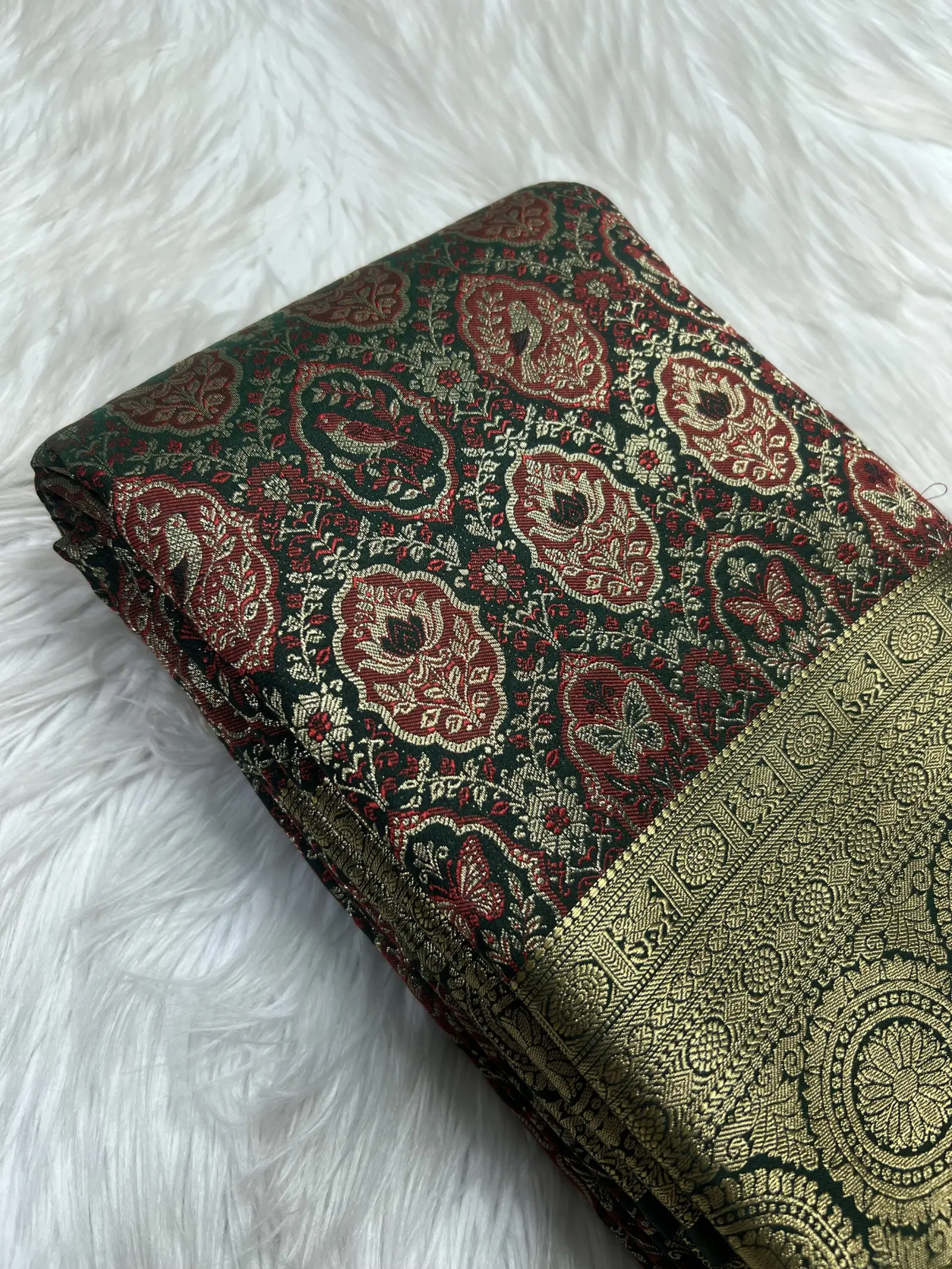 Charcoal grey Semi Kanchi Saree with maroon and copper gold Border