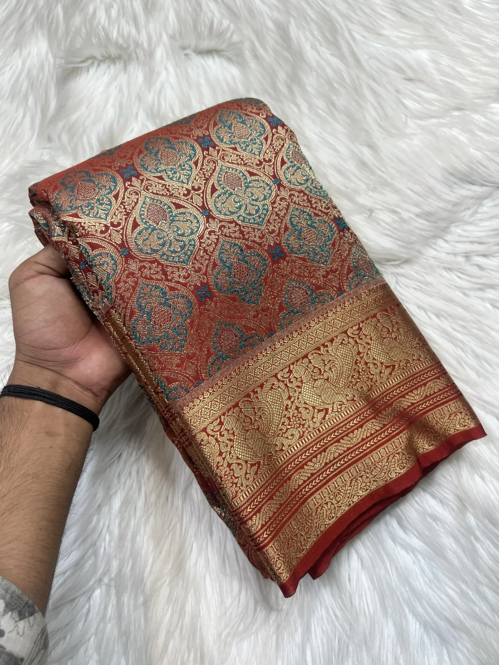 Navy blue Semi Kanchi Saree with pale sage and gold Border