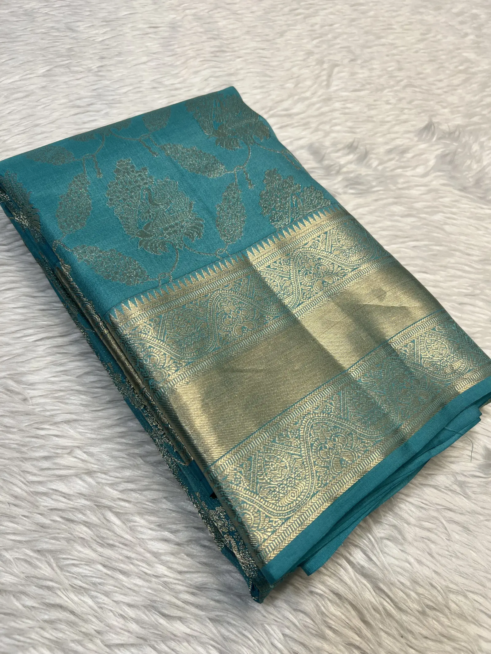 Turquoise Teal Saree with Gold Woven Border