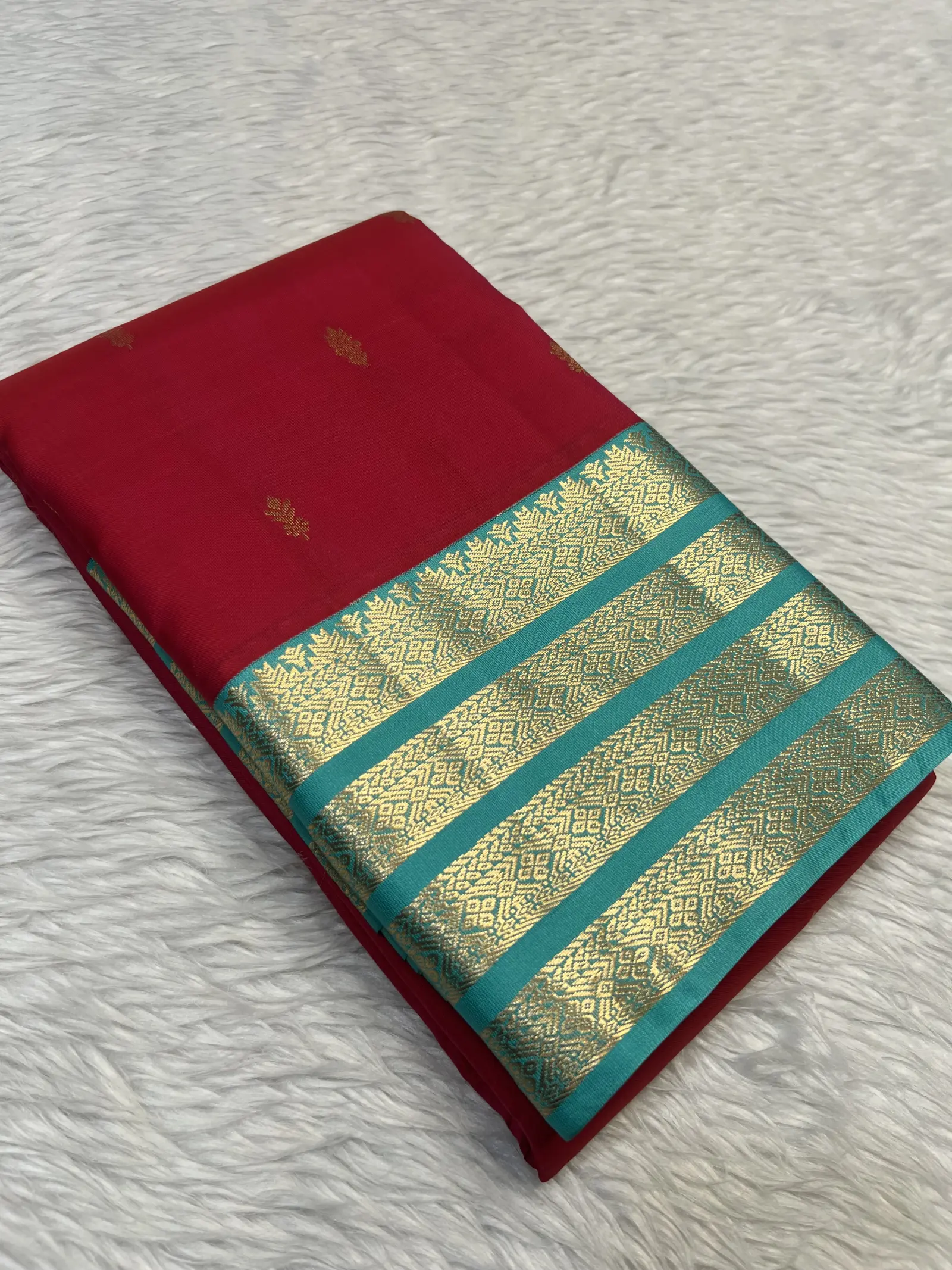 Teal Silk Saree with Antique Gold Floral Border