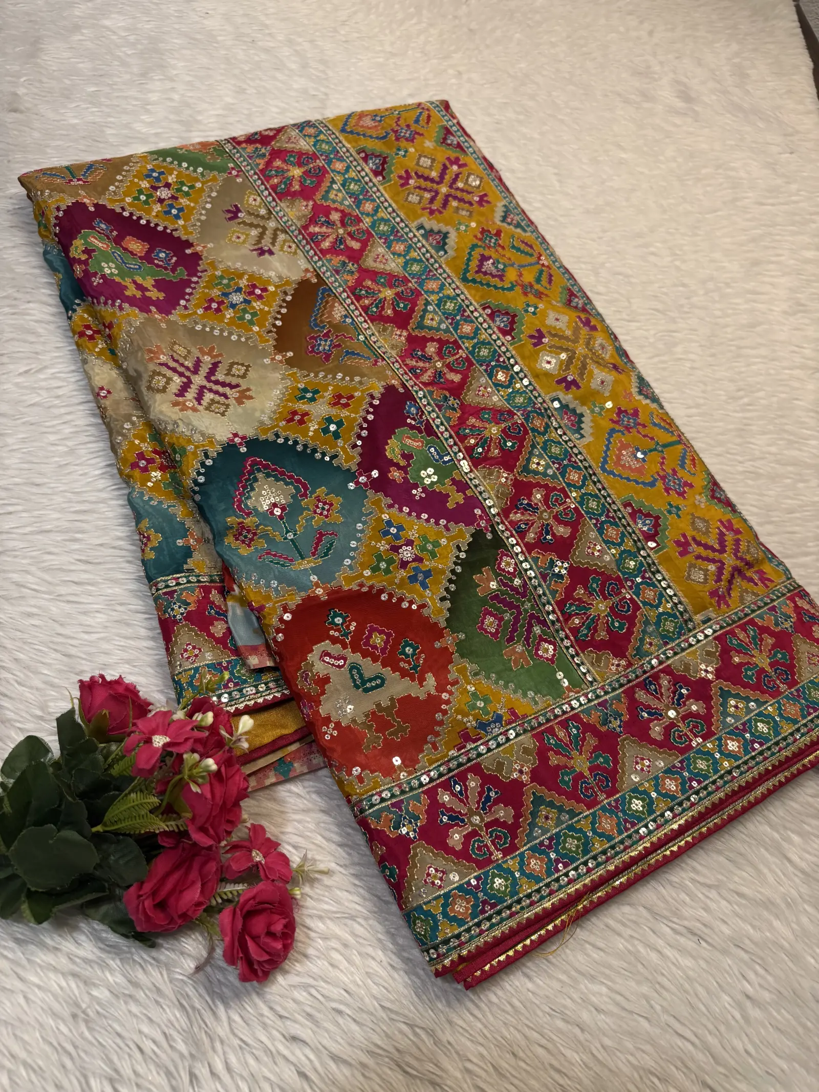 Mustard Saree with Multicolour Geometric and Floral Motifs