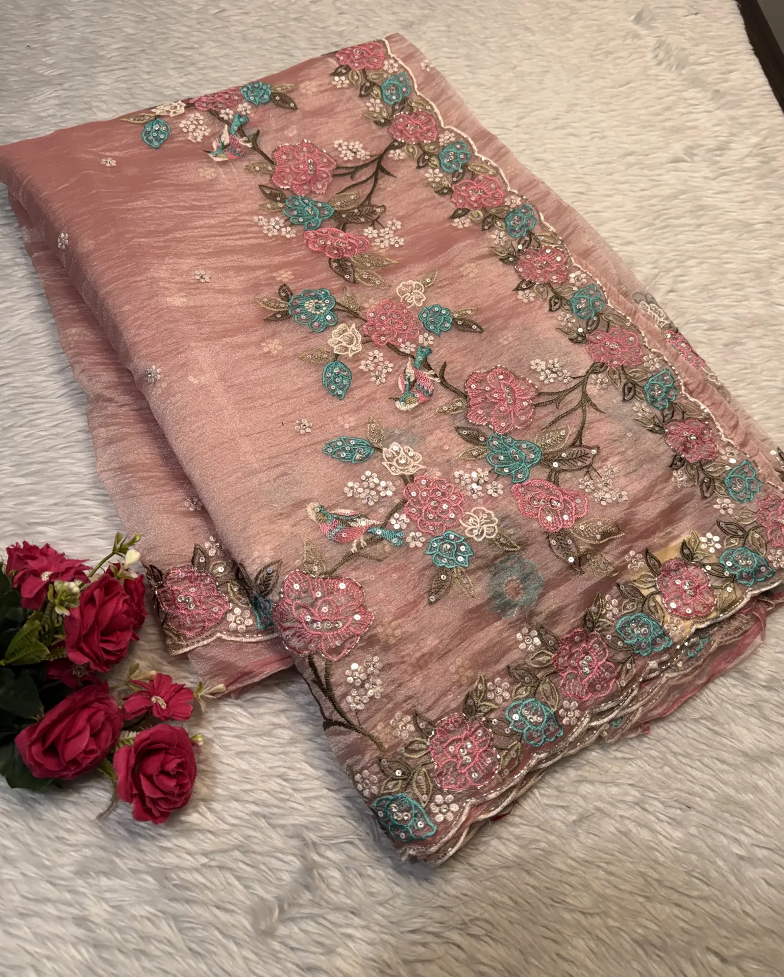 Dusty Pink Saree with Multicolour Floral Embroidery