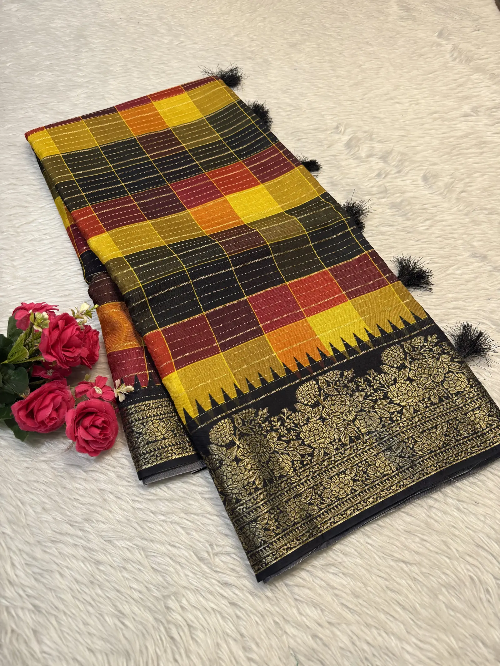 Mustard Checked Saree with Black Floral Pallu