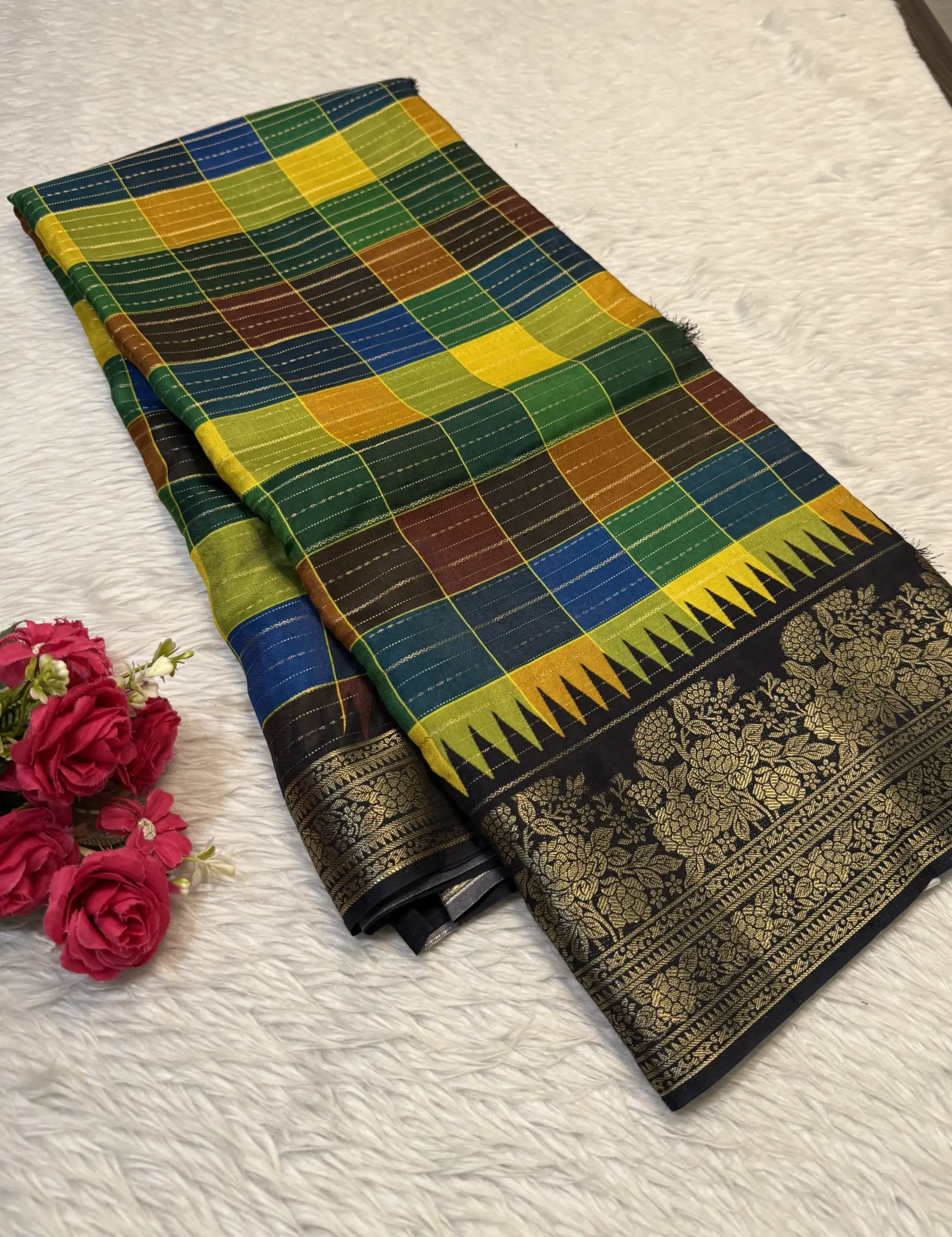 Multicolour Checked Saree with Black Floral Pallu