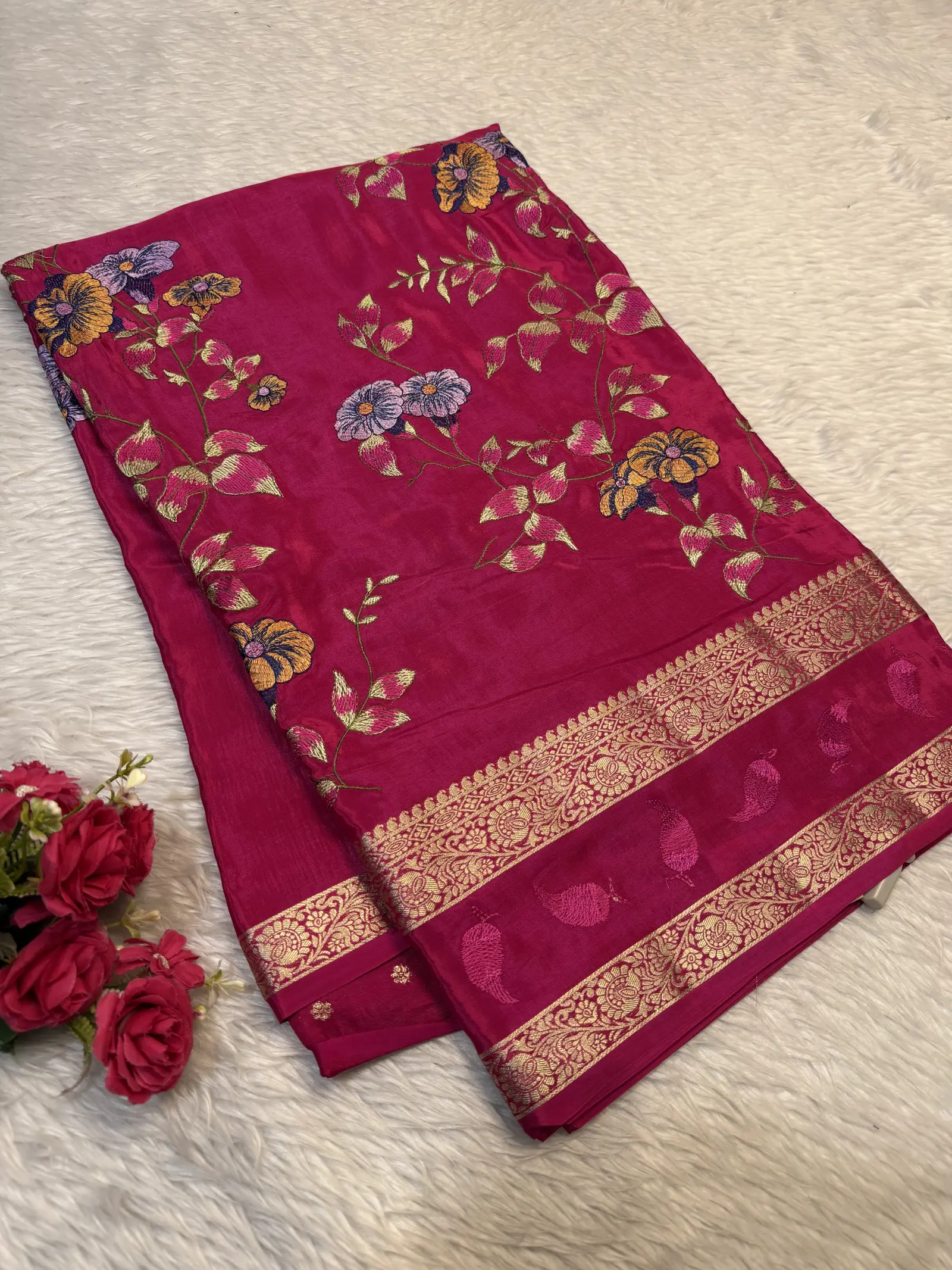 Rani Pink Saree with Floral Embroidery and Gold Border