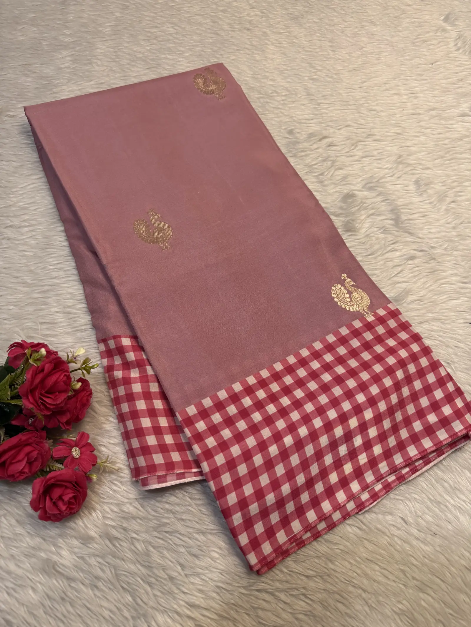 Dusty Rose Saree with Checked Border and Peacock Motifs