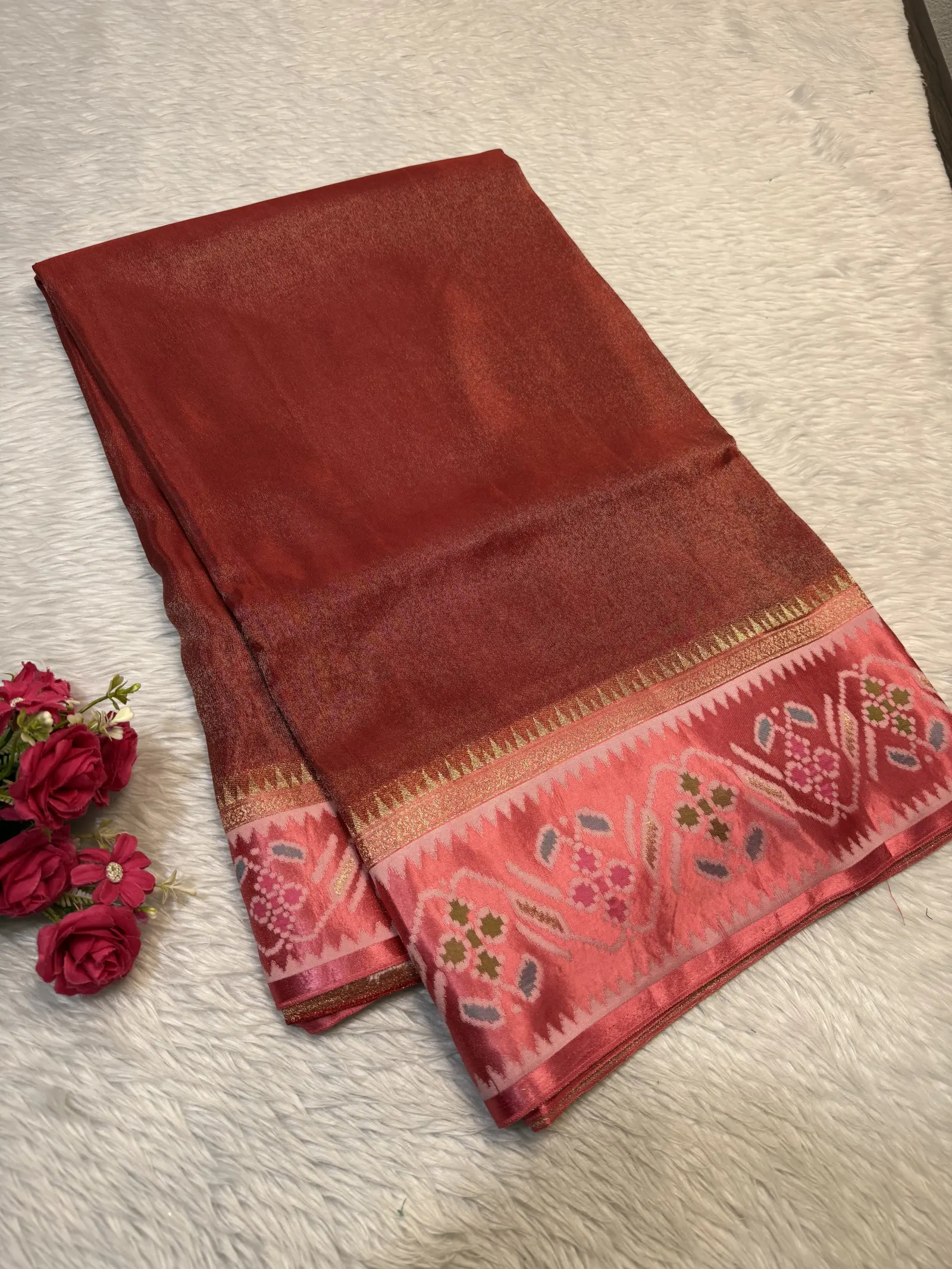 Rust Saree with Peach Floral Geometric Border
