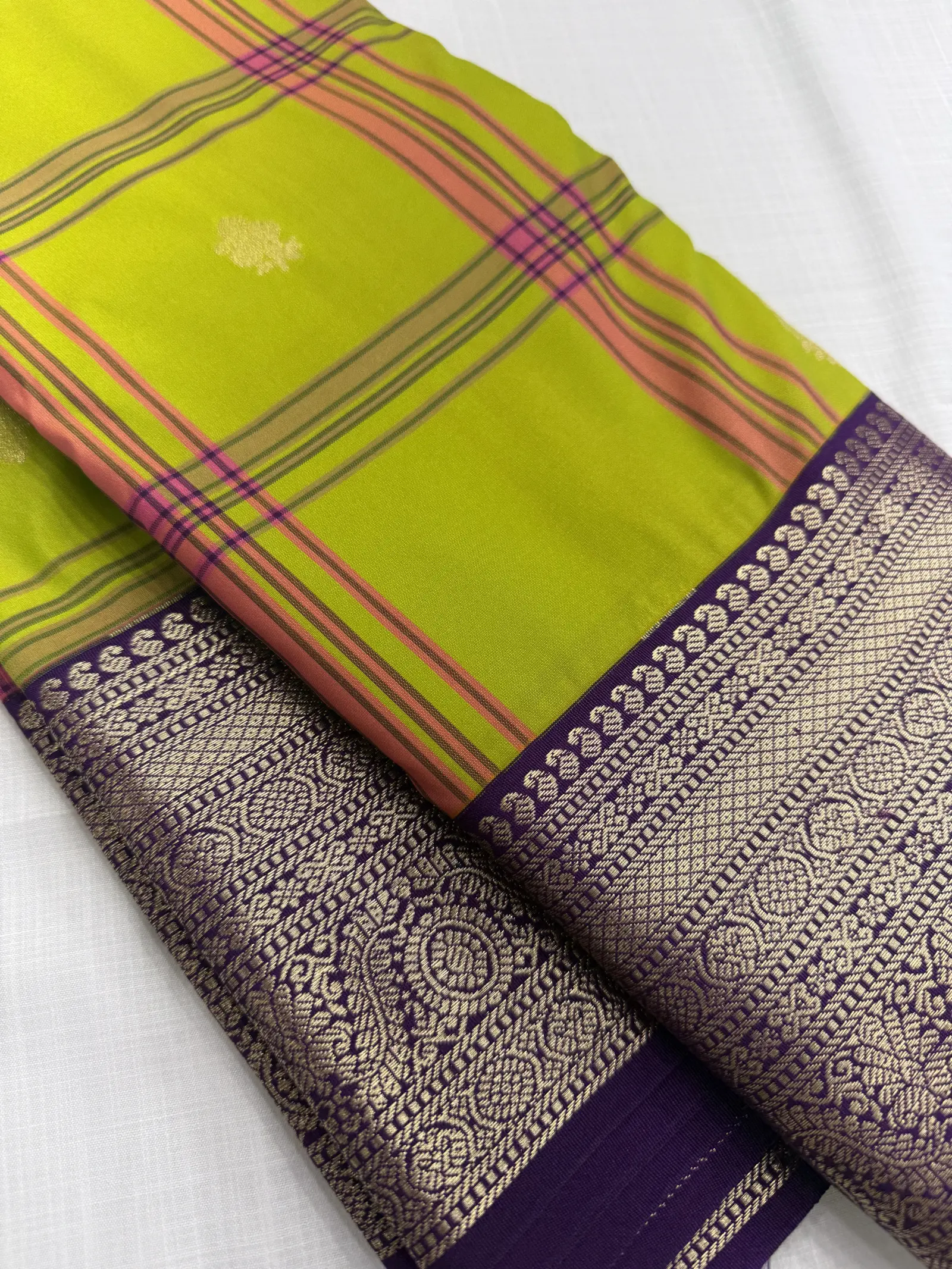 Lime Green Saree with Purple Gold-Toned Ornamental Border