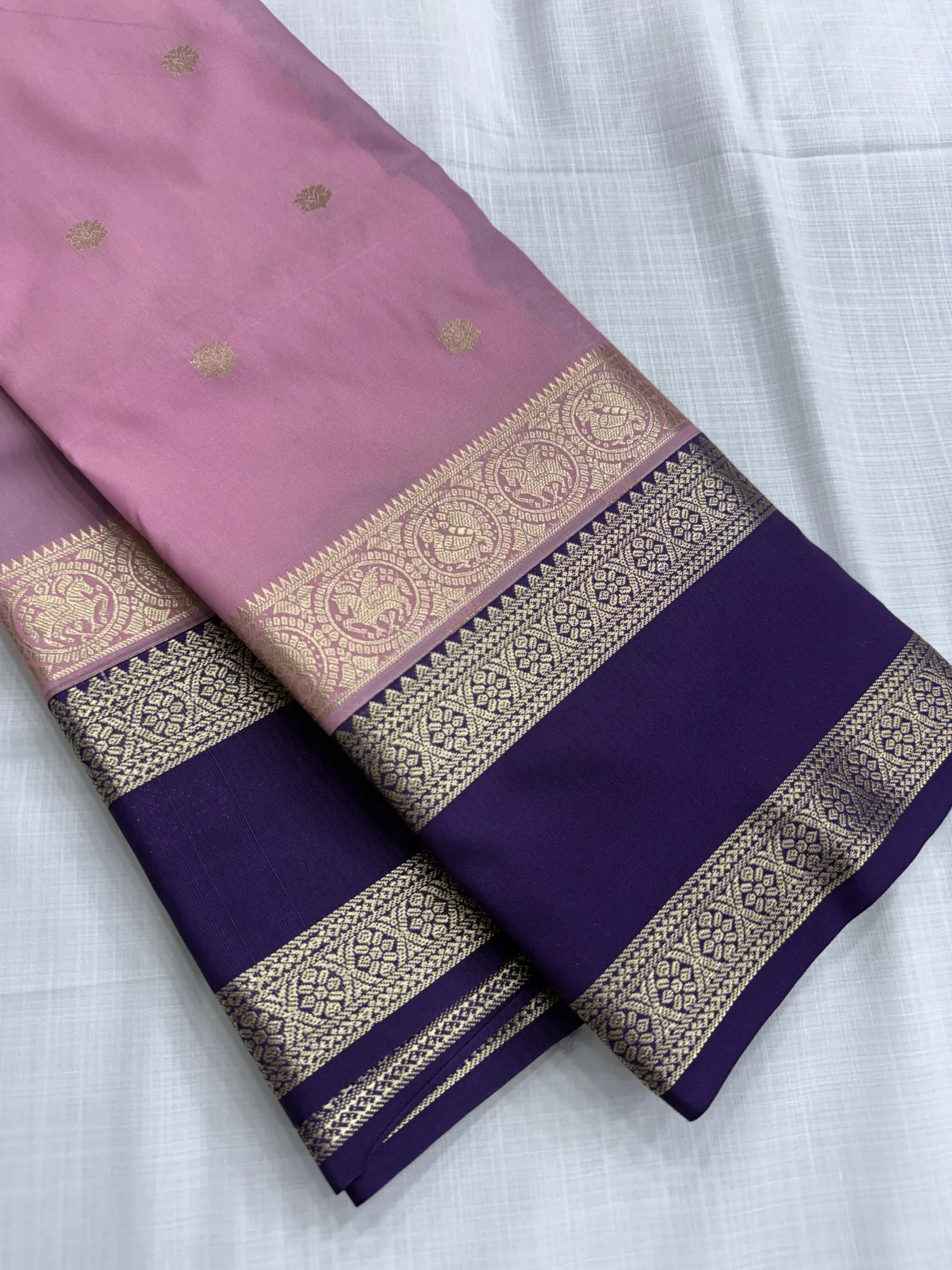 Pink Saree with Purple Pallu and Gold-Toned Border
