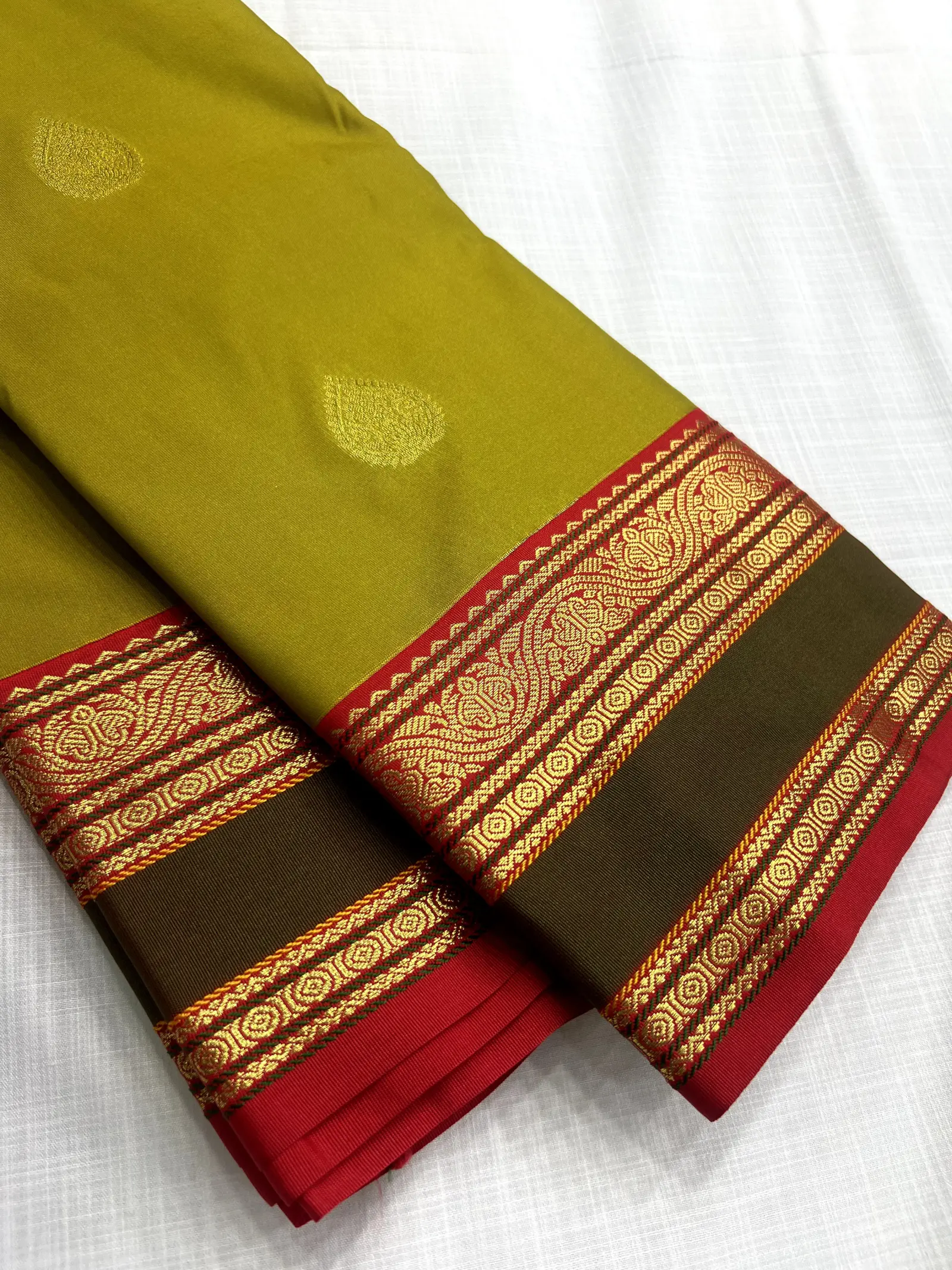 Olive Green Saree with Gold Motifs and Maroon Border