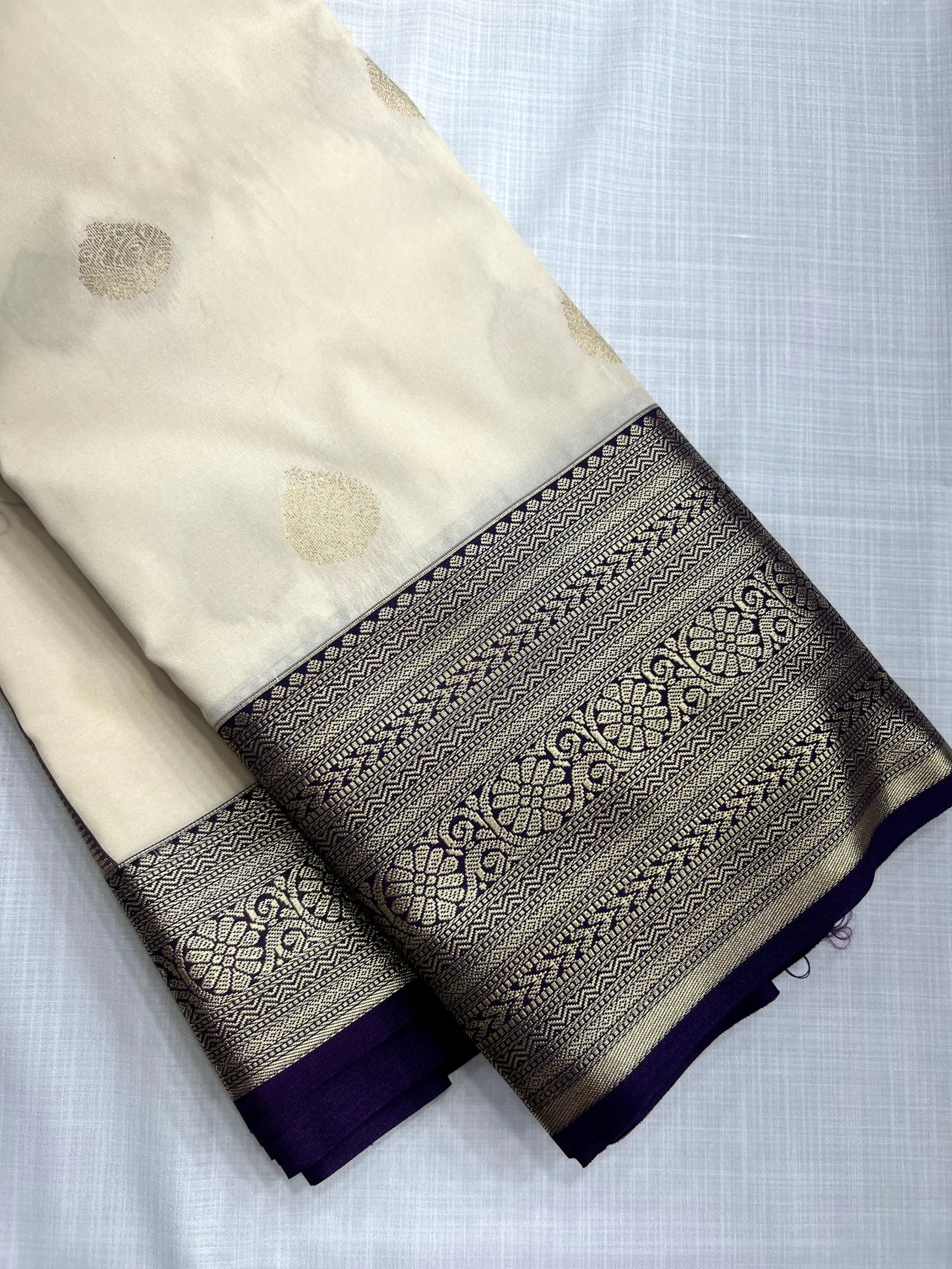 Ivory Saree with Gold Motifs and Deep Purple Border