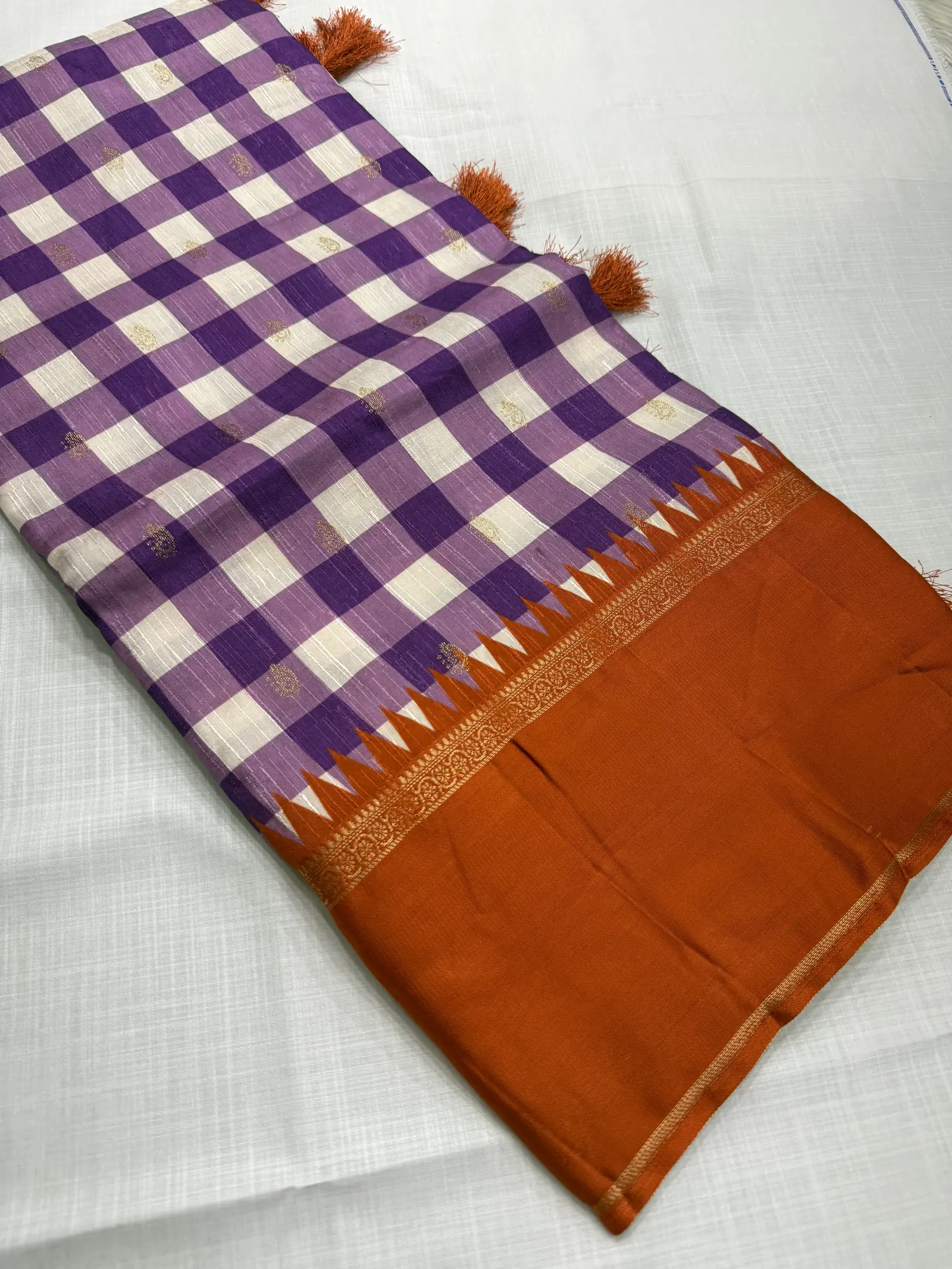 Purple Check Viscose Saree with Rust Orange Border