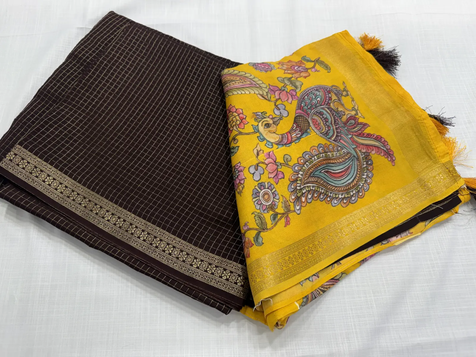 Dark Brown Viscose Saree with Mustard Printed Pallu