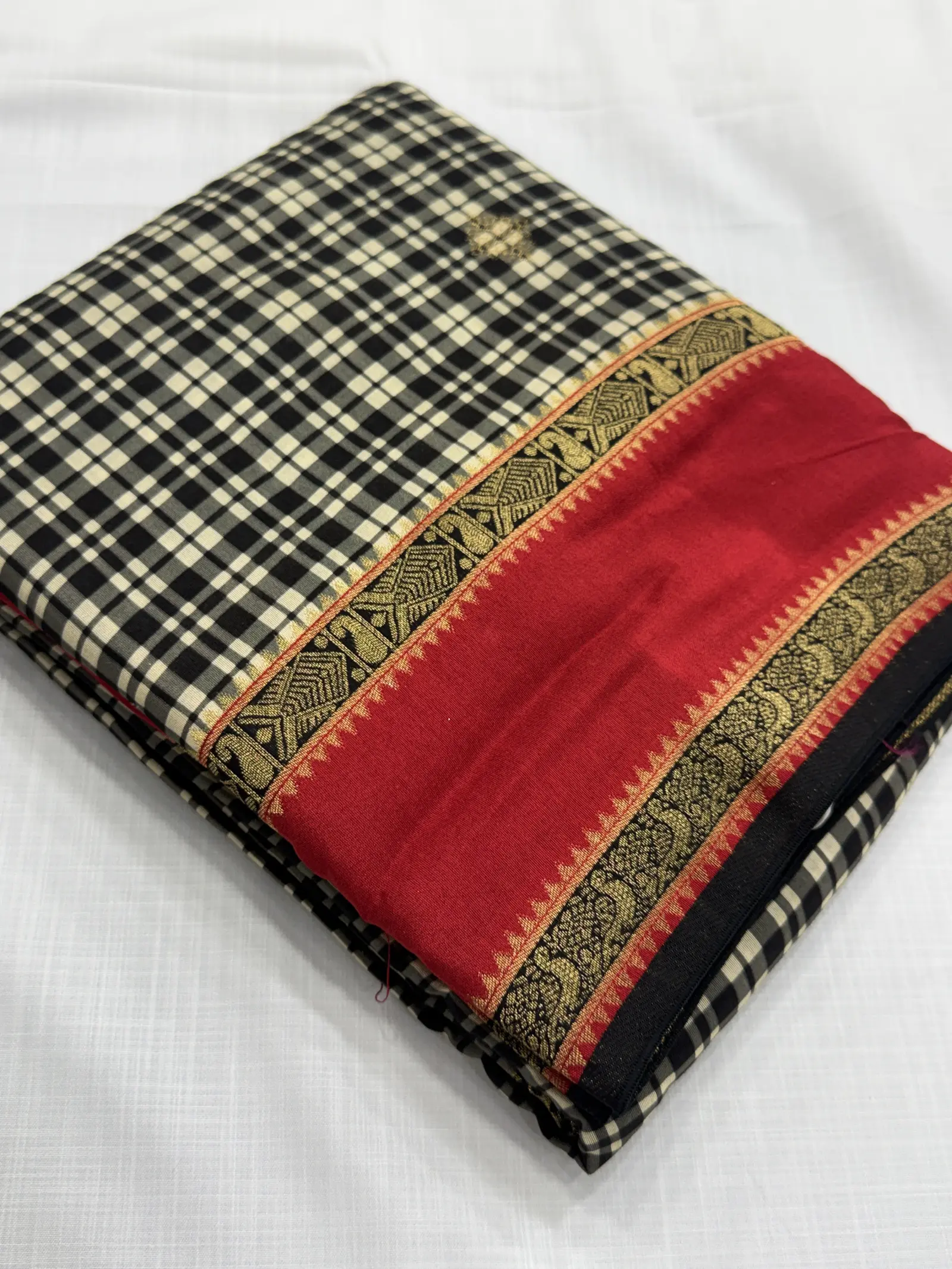 Black Checked Viscose Saree with Red Gold Border