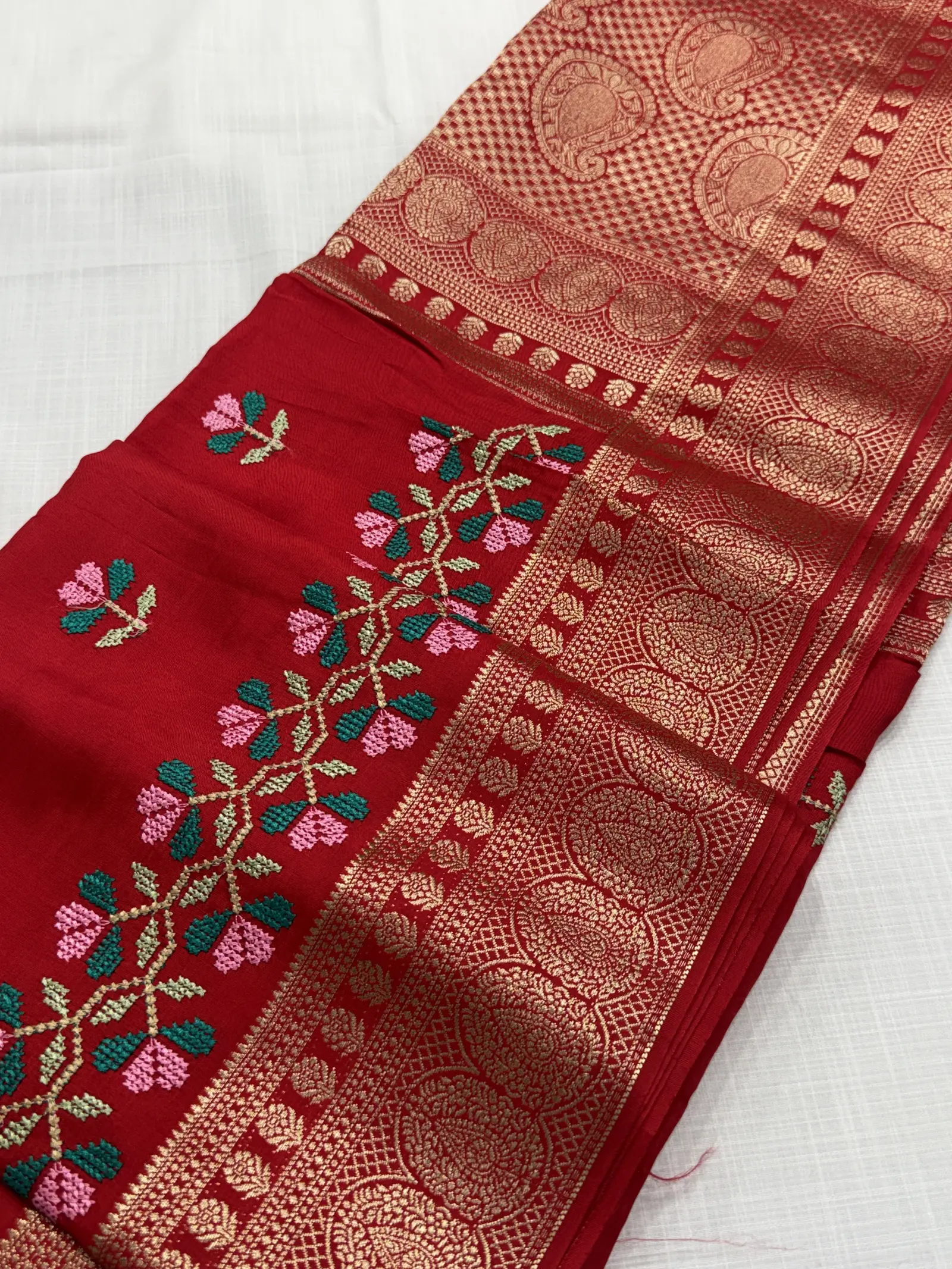 Red Viscose Saree with Multicolour Floral Embroidery