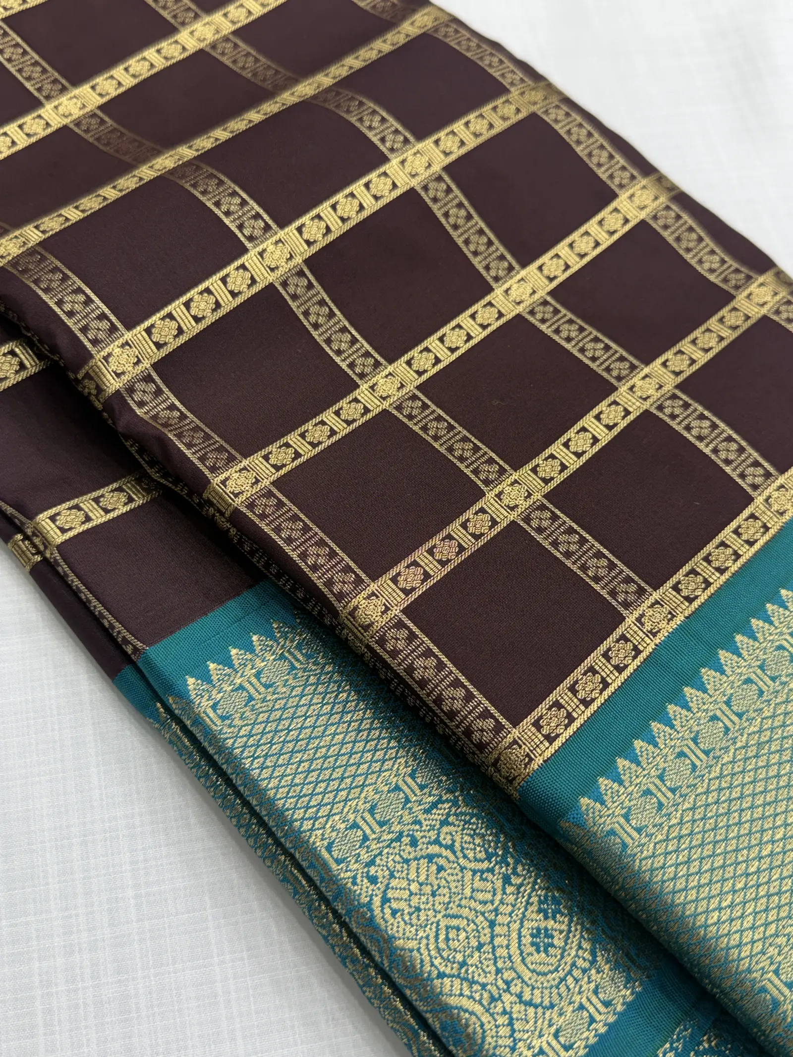 Deep Brown Saree with Gold Grid and Teal Border
