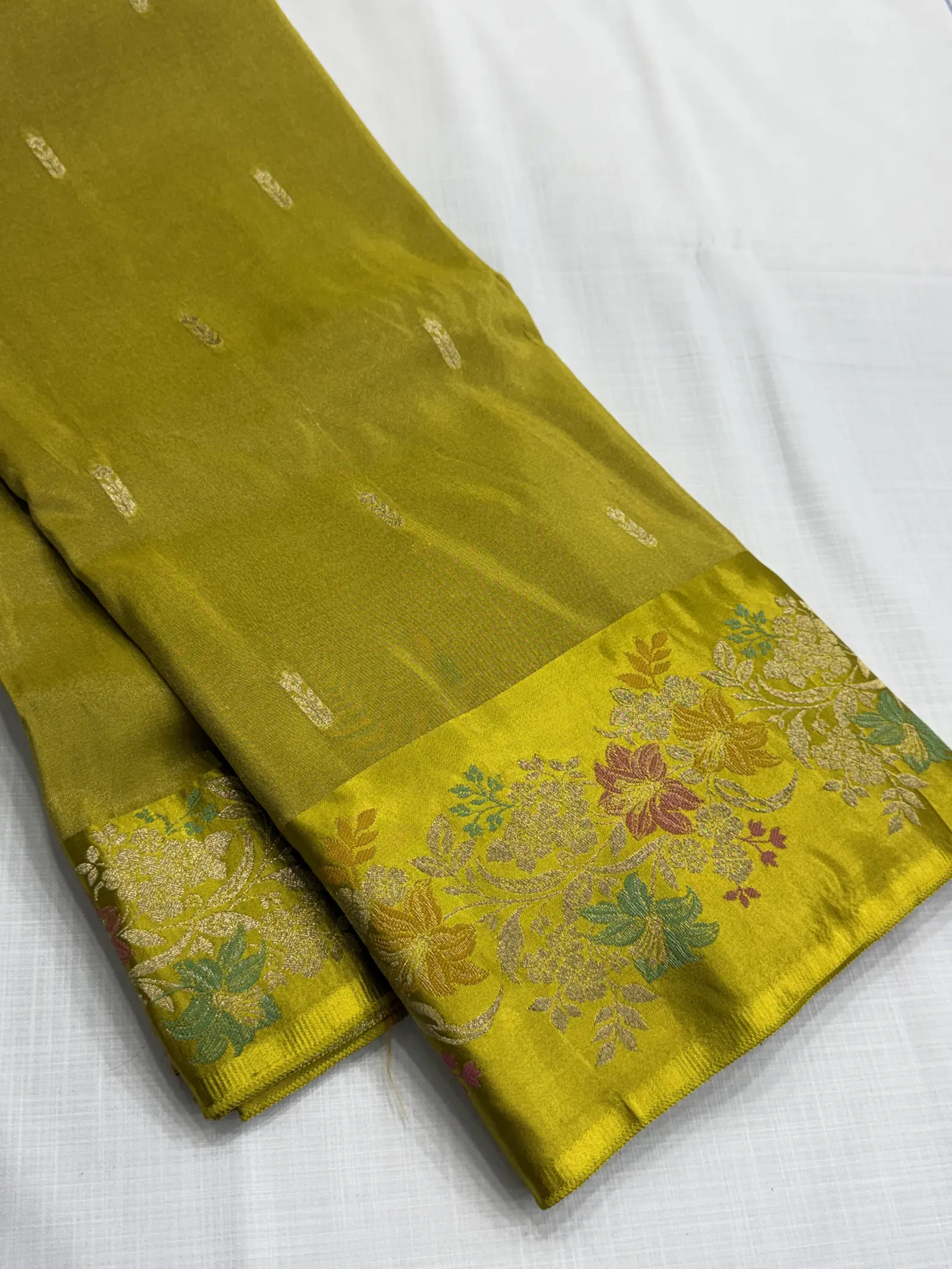 Olive Green H.O. Organza Saree with Floral Border