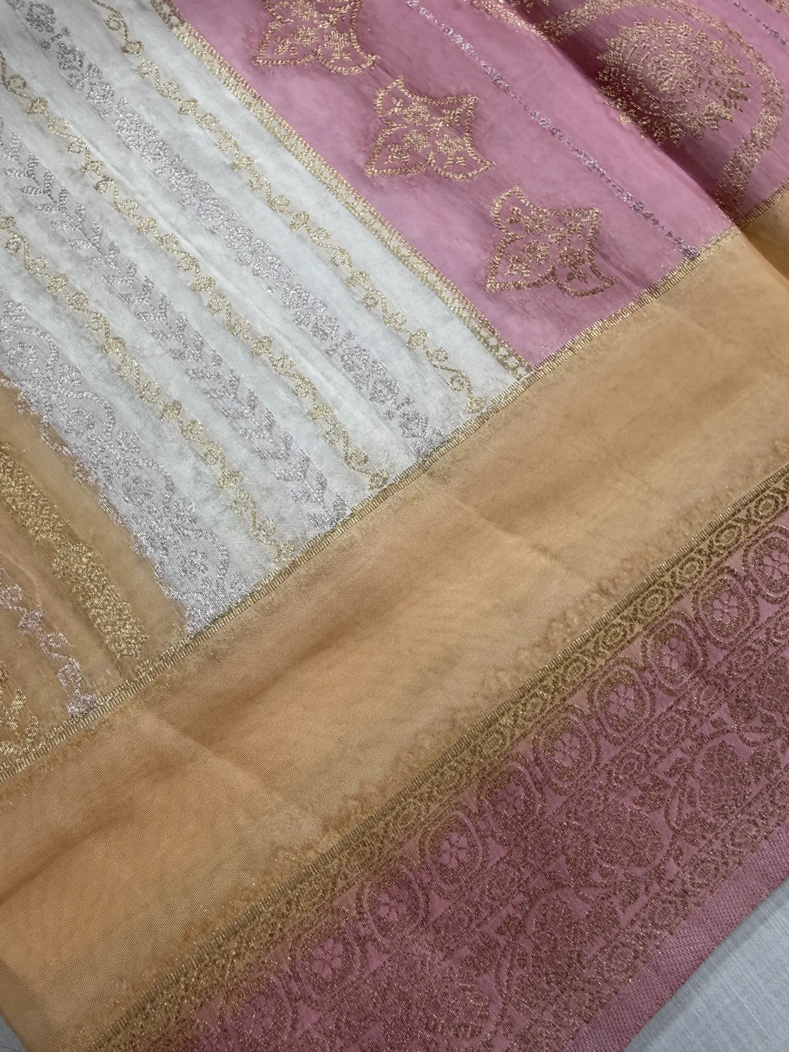 Ivory H.O. Organza Saree with Pink and Peach Panels