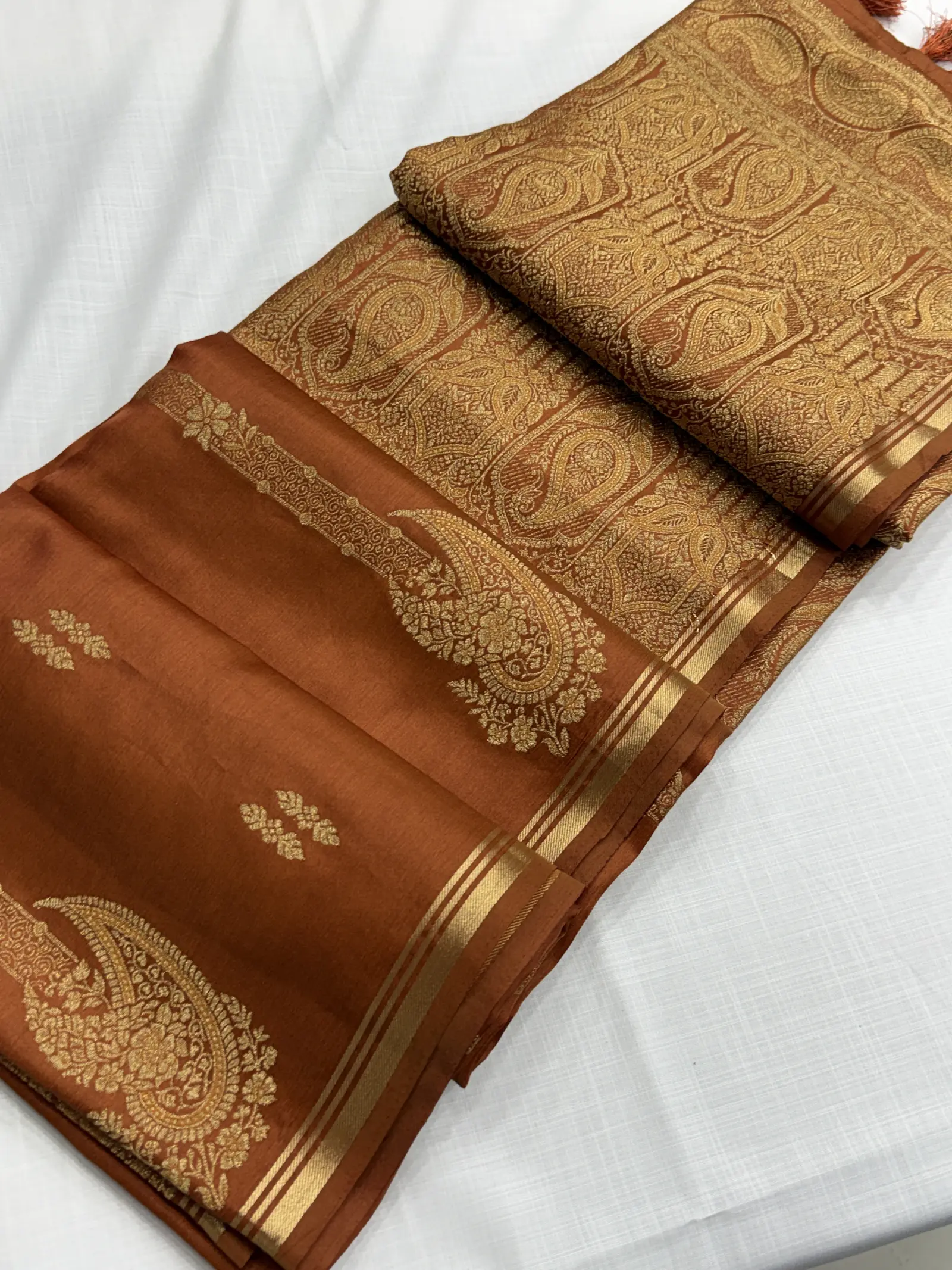 Rust Brown Viscose Saree with Gold Paisley Weave