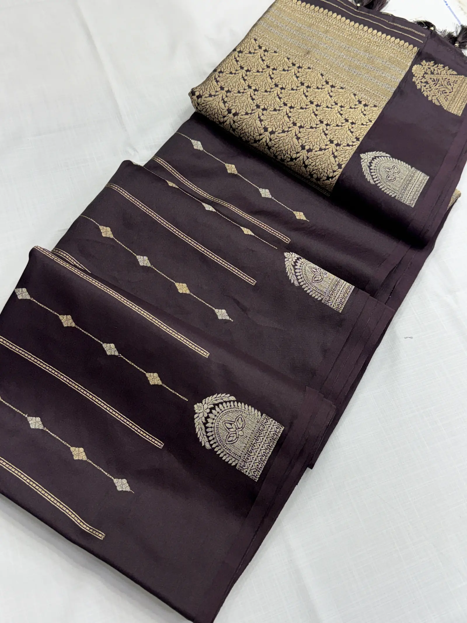 Dark Brown Viscose Saree with Gold Floral Weave