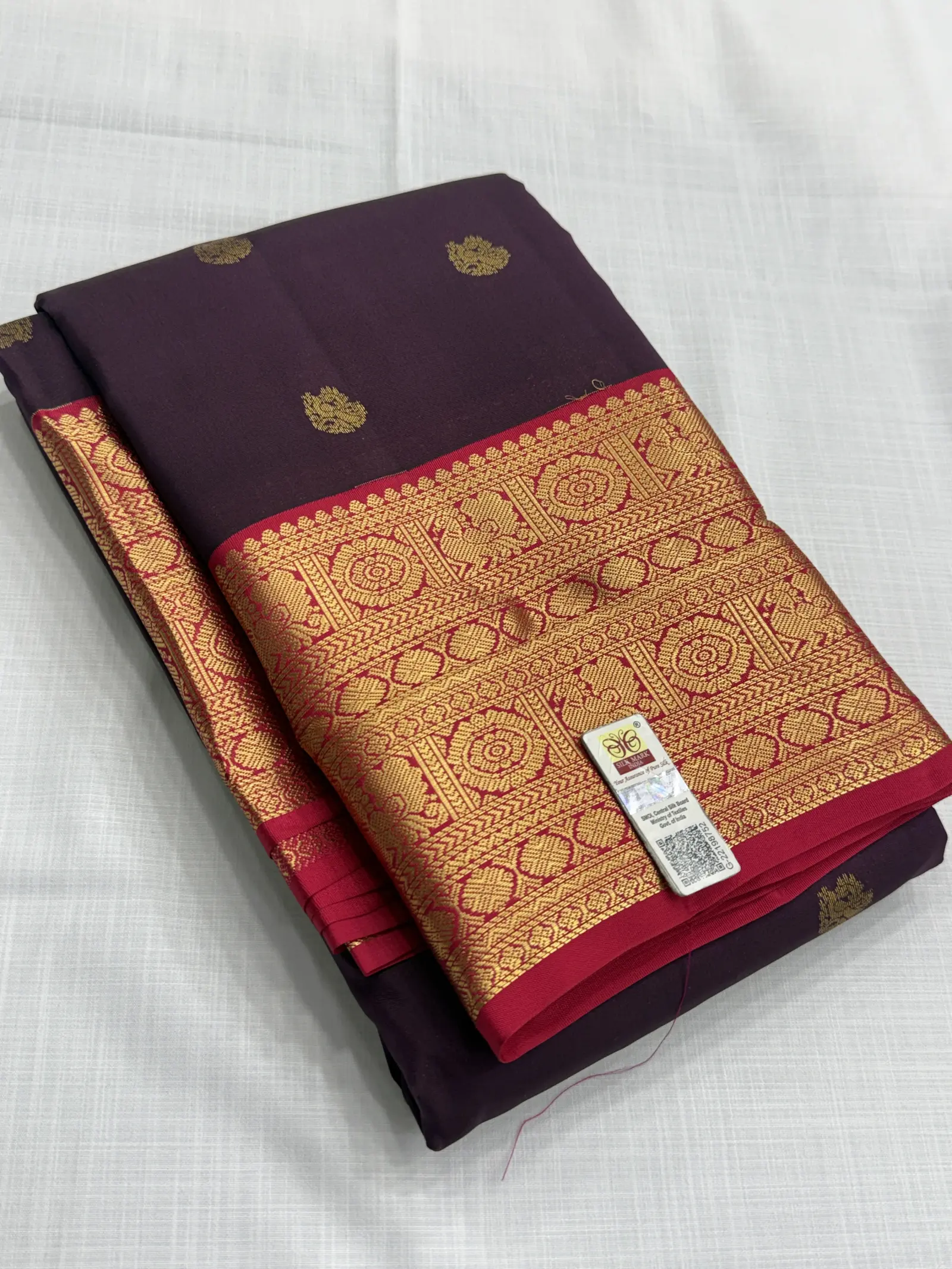 Deep Plum Saree with Rani Pink and Gold Woven Border