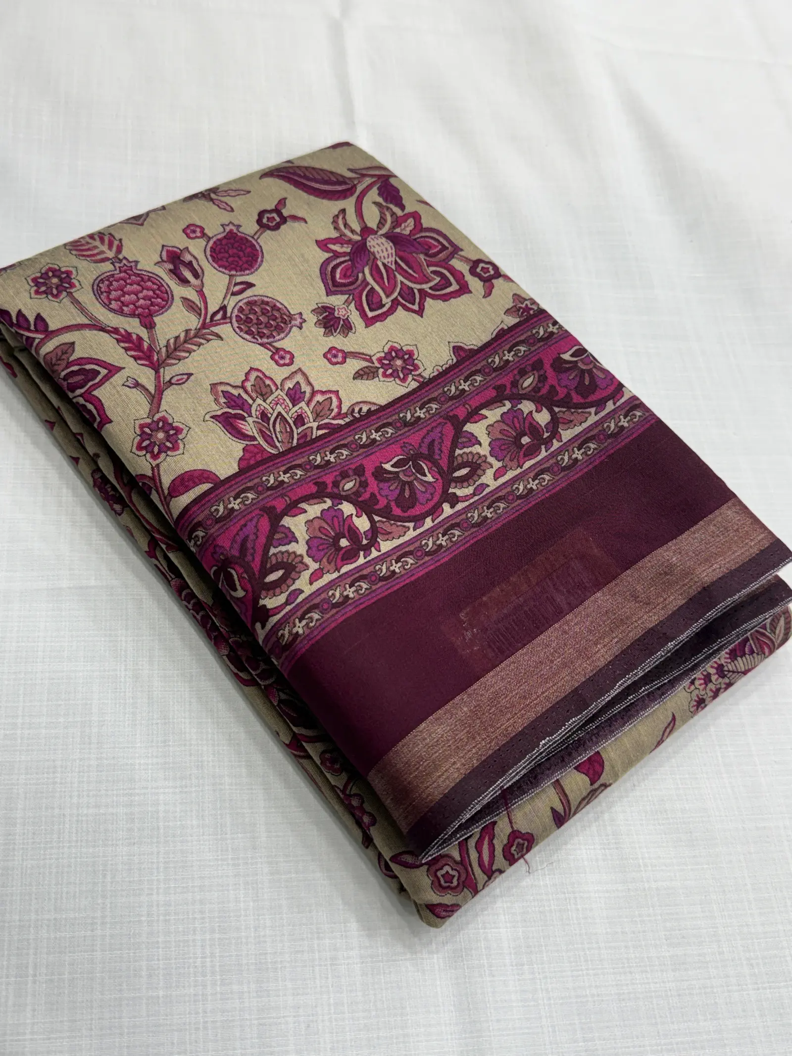 Cotton Saree in beige with deep plum Border