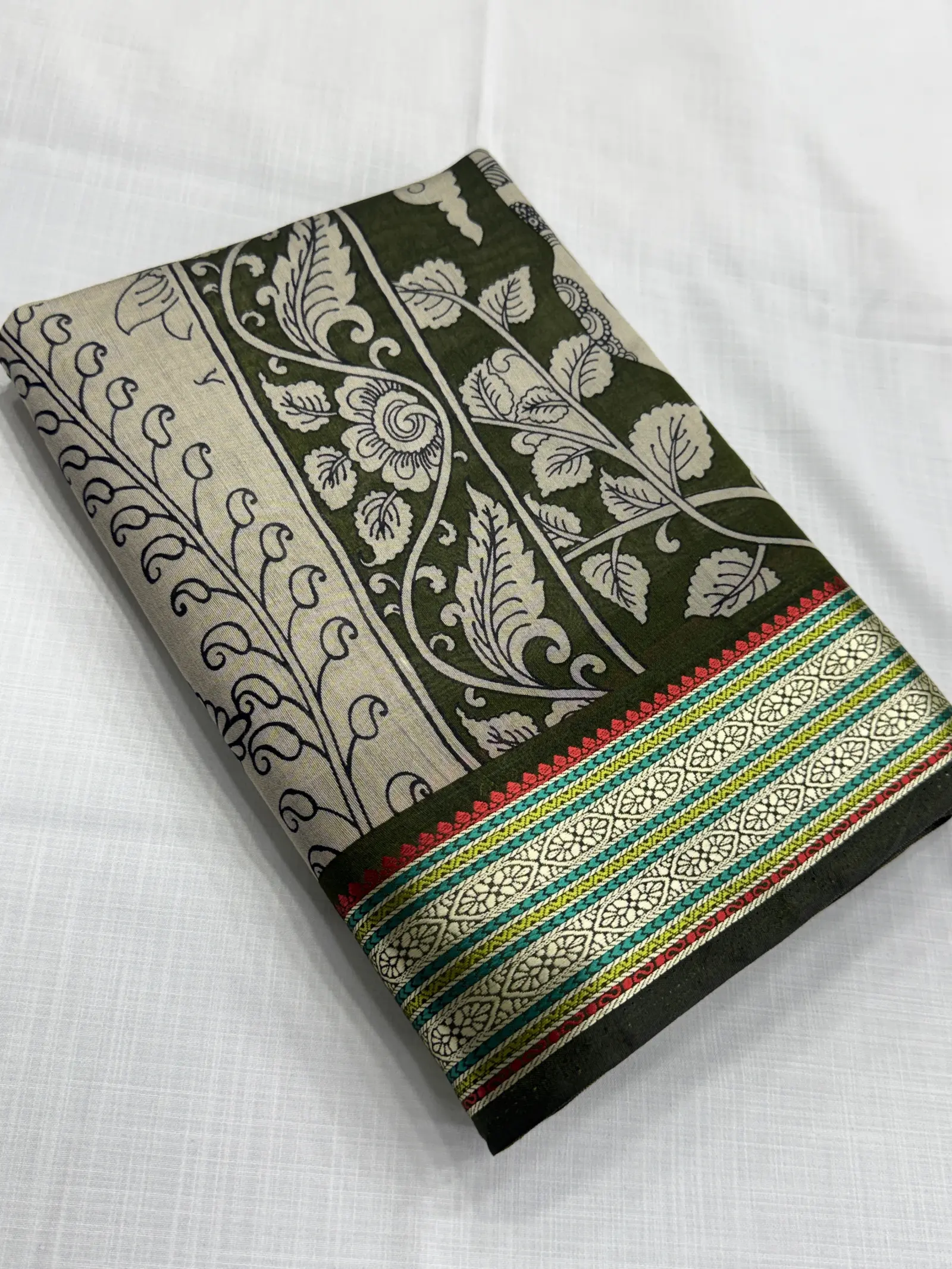 Cotton Saree in Olive green with multicolour Border