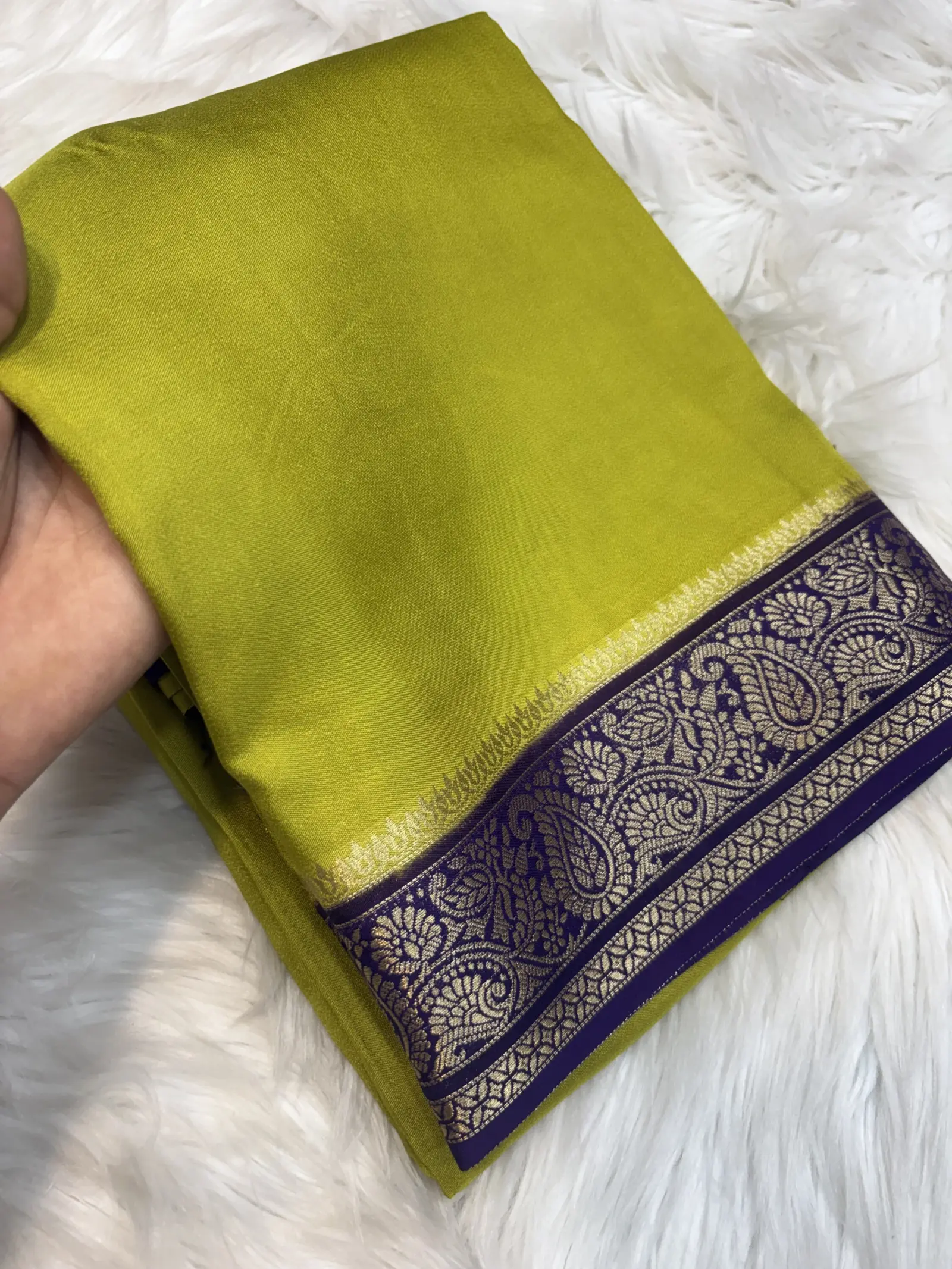 Lime Green Viscose Saree with Purple Pallu
