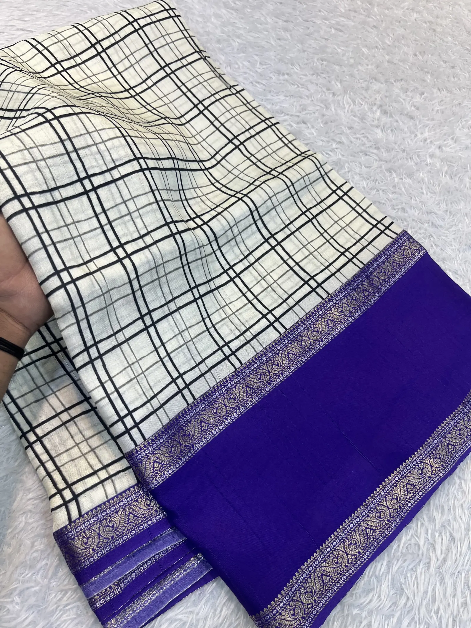 Ivory and Black Checked Viscose Saree with Purple Pallu E1097289