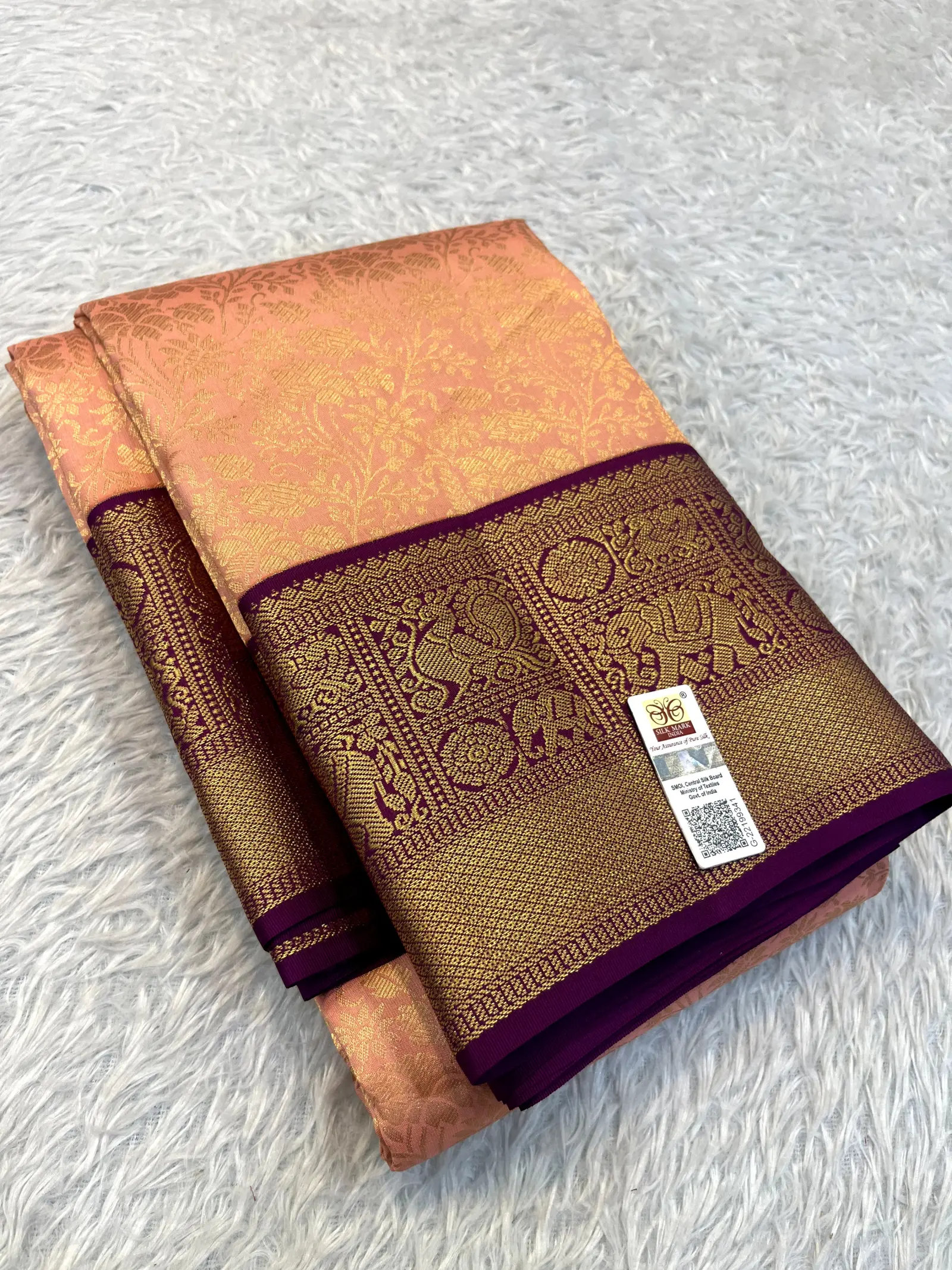 Peach Pink Kanchipuram Silk Saree with Purple Border | E0982680