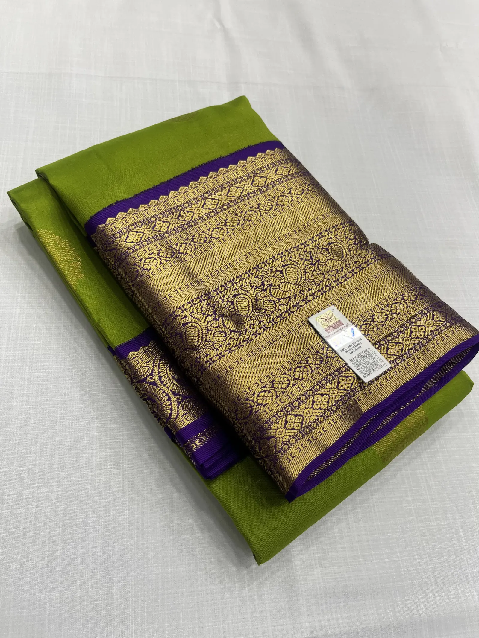 E1093609 – Parrot Green Kanchipuram Silk Saree with Purple Gold Border