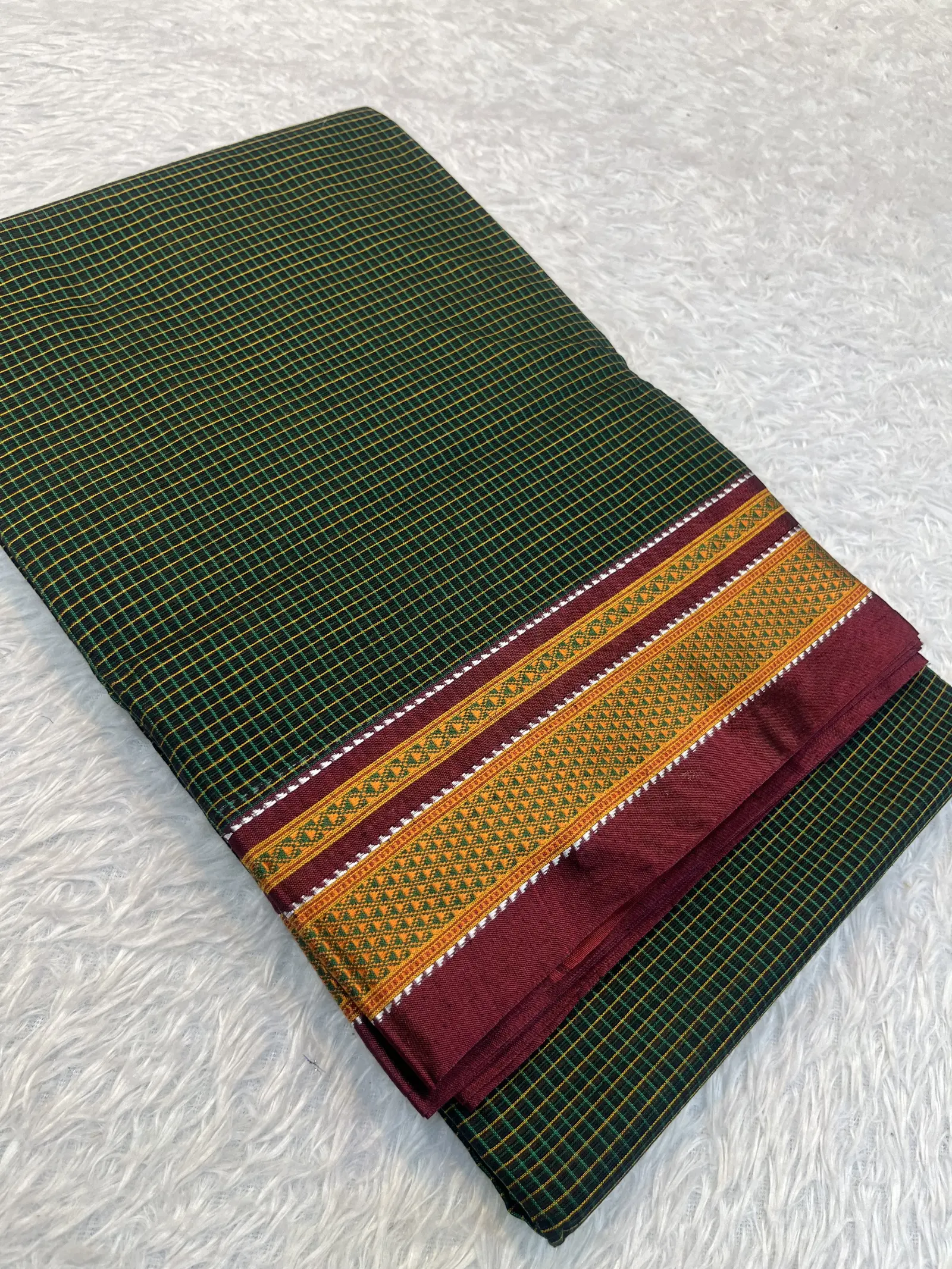 E0976137 – Bottle Green Checked Cotton Saree with Maroon Border
