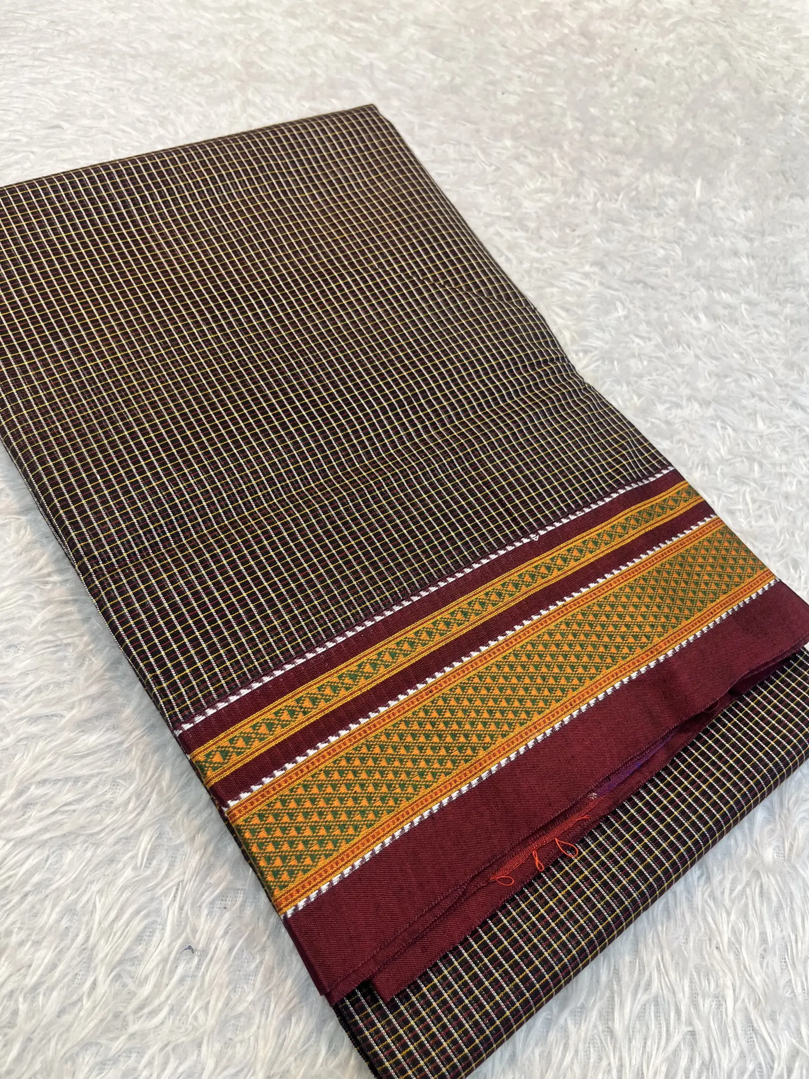 E0976128 – Brown Checked Cotton Saree with Maroon Border