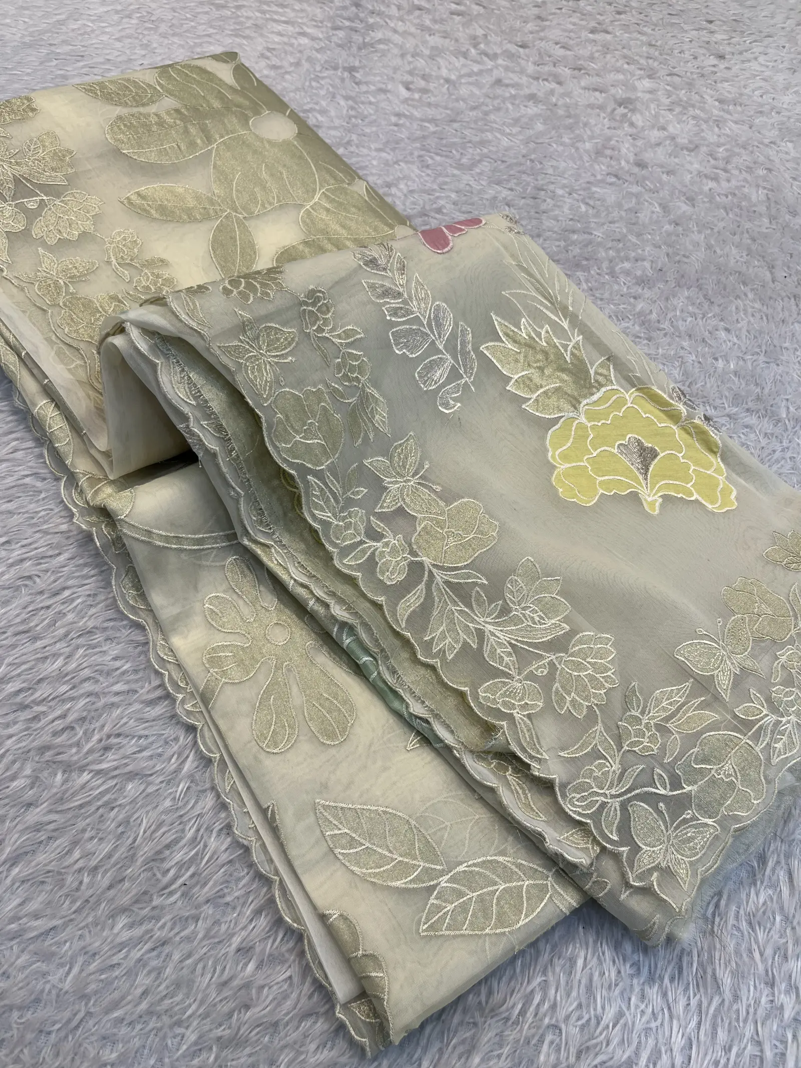 E1092459 – Sage Green Designer Saree with Floral Embroidery
