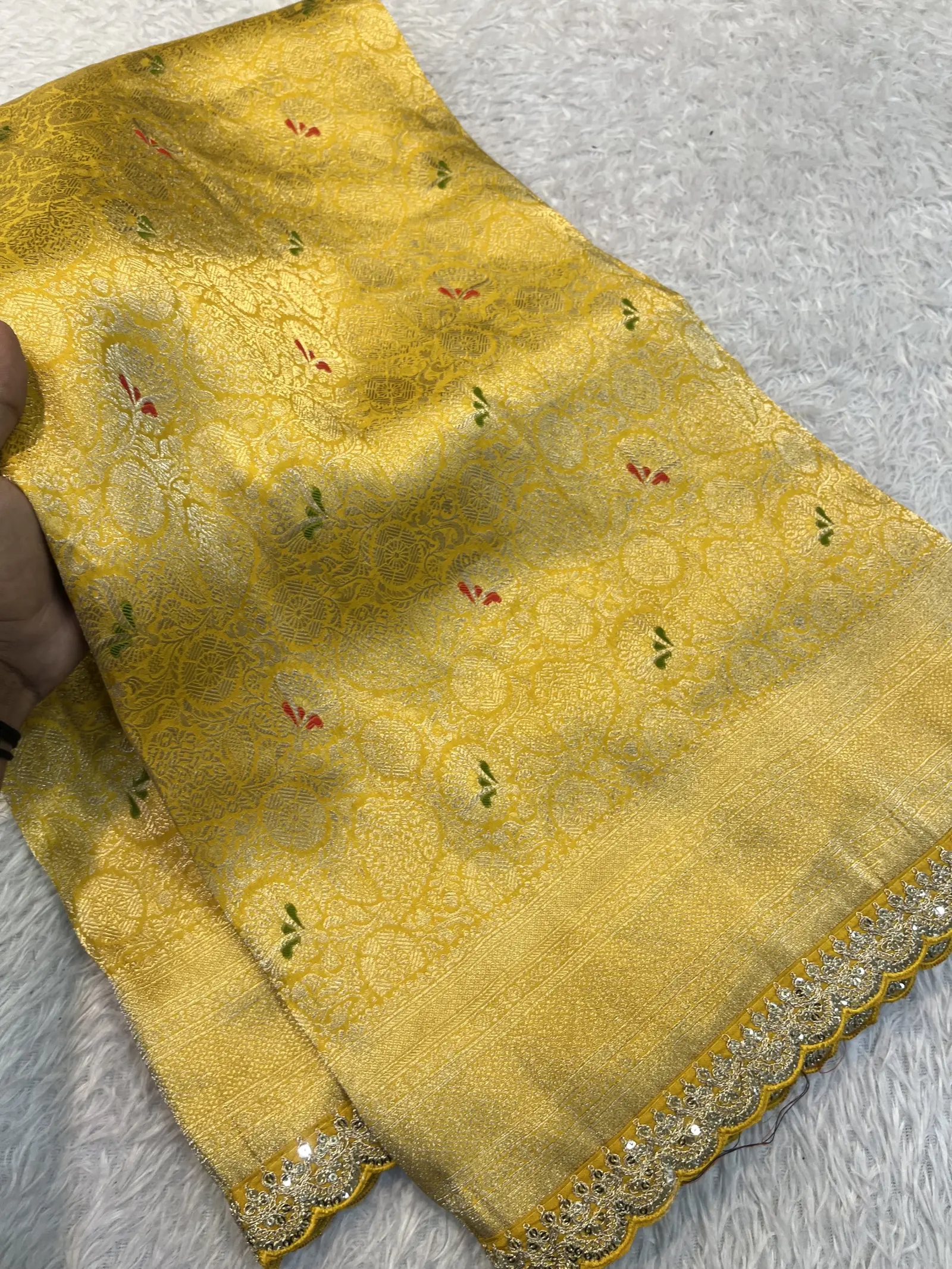 E1090634 – Mustard Yellow Banarasi Designer Saree with Zari Border