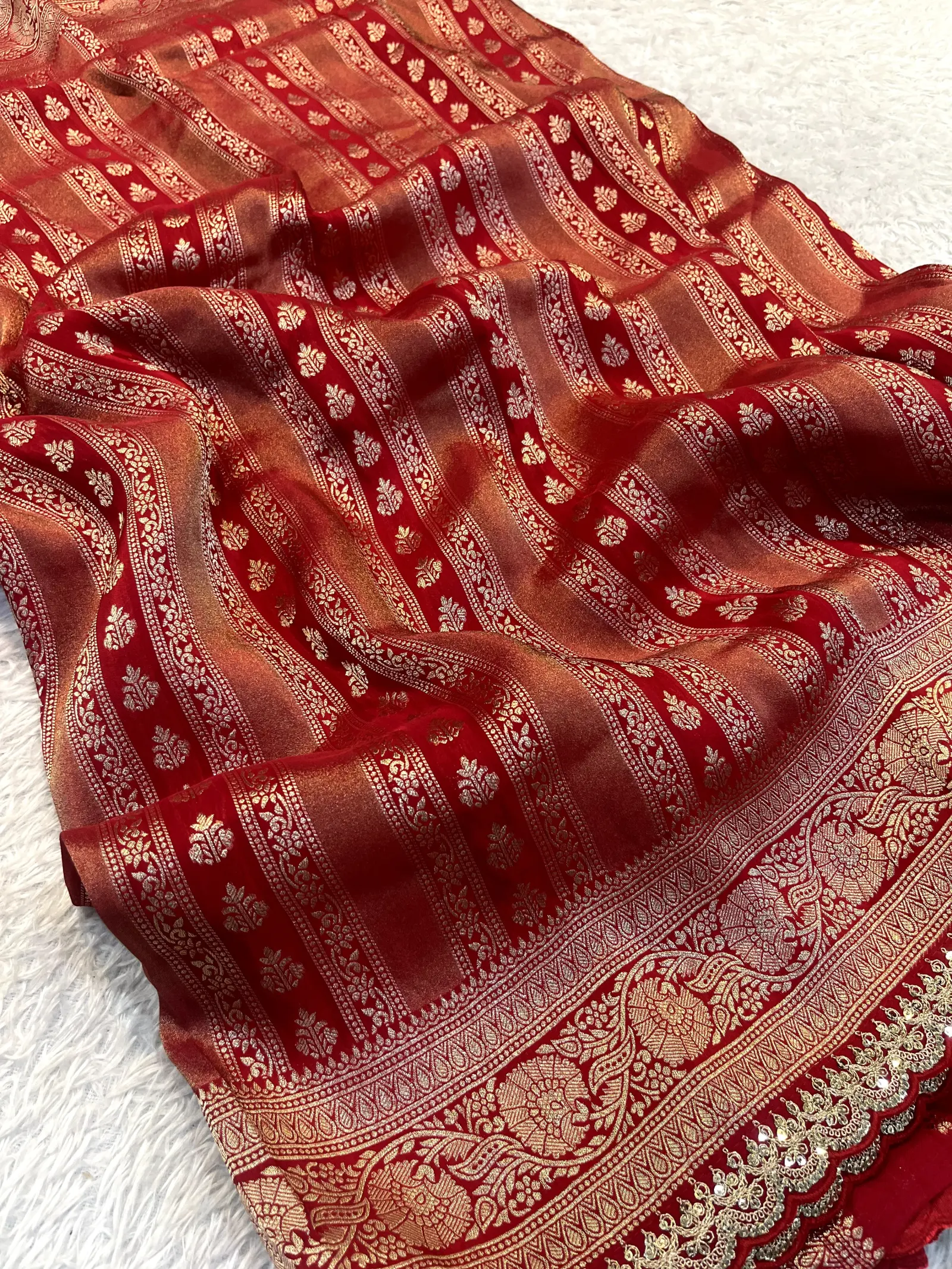 E1090649 – Red Banarasi Saree with Meena Motifs and Lace Border
