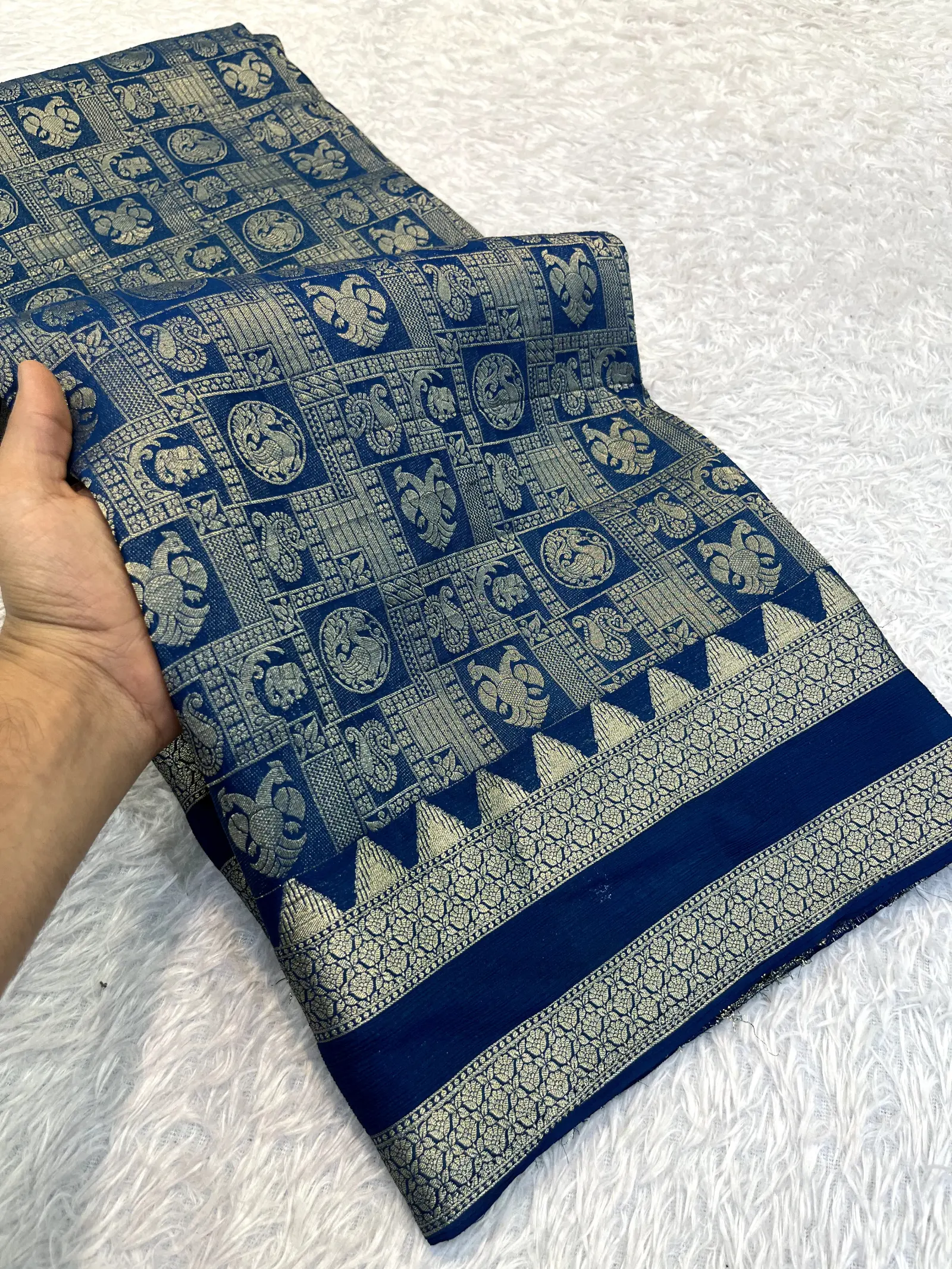 E0753985 – Royal Blue Banarasi Saree with Gold Motif Border