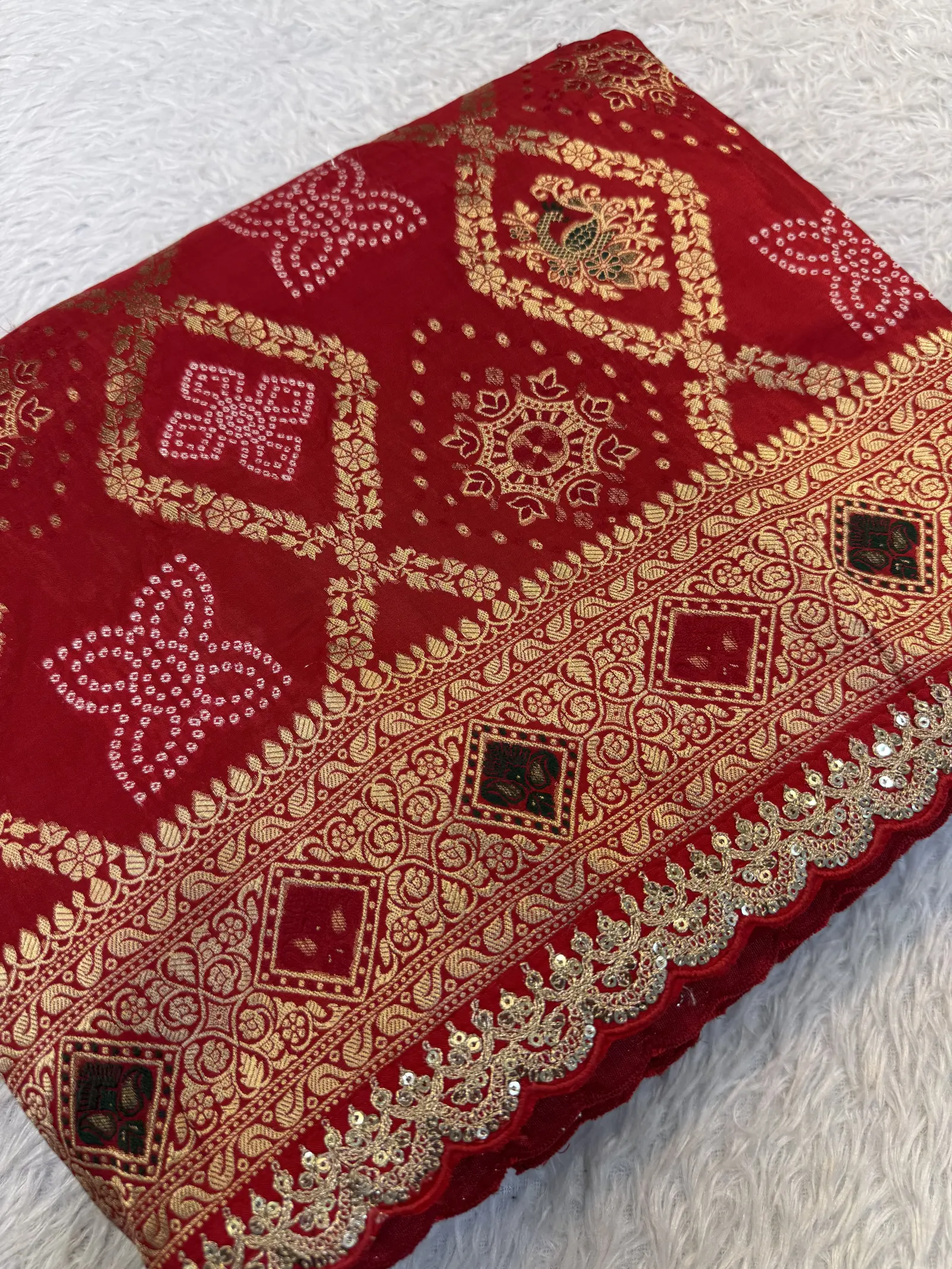 E0983580 – Deep Red Banarasi Designer Saree with Gold Border