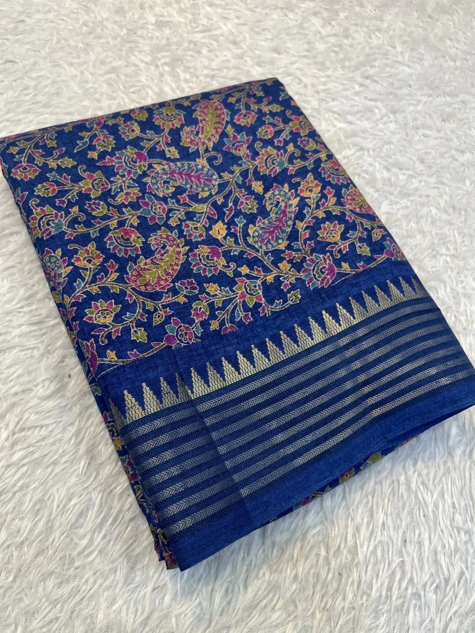 E1097321 – Blue Cotton Mull Saree with Floral Paisley Motifs